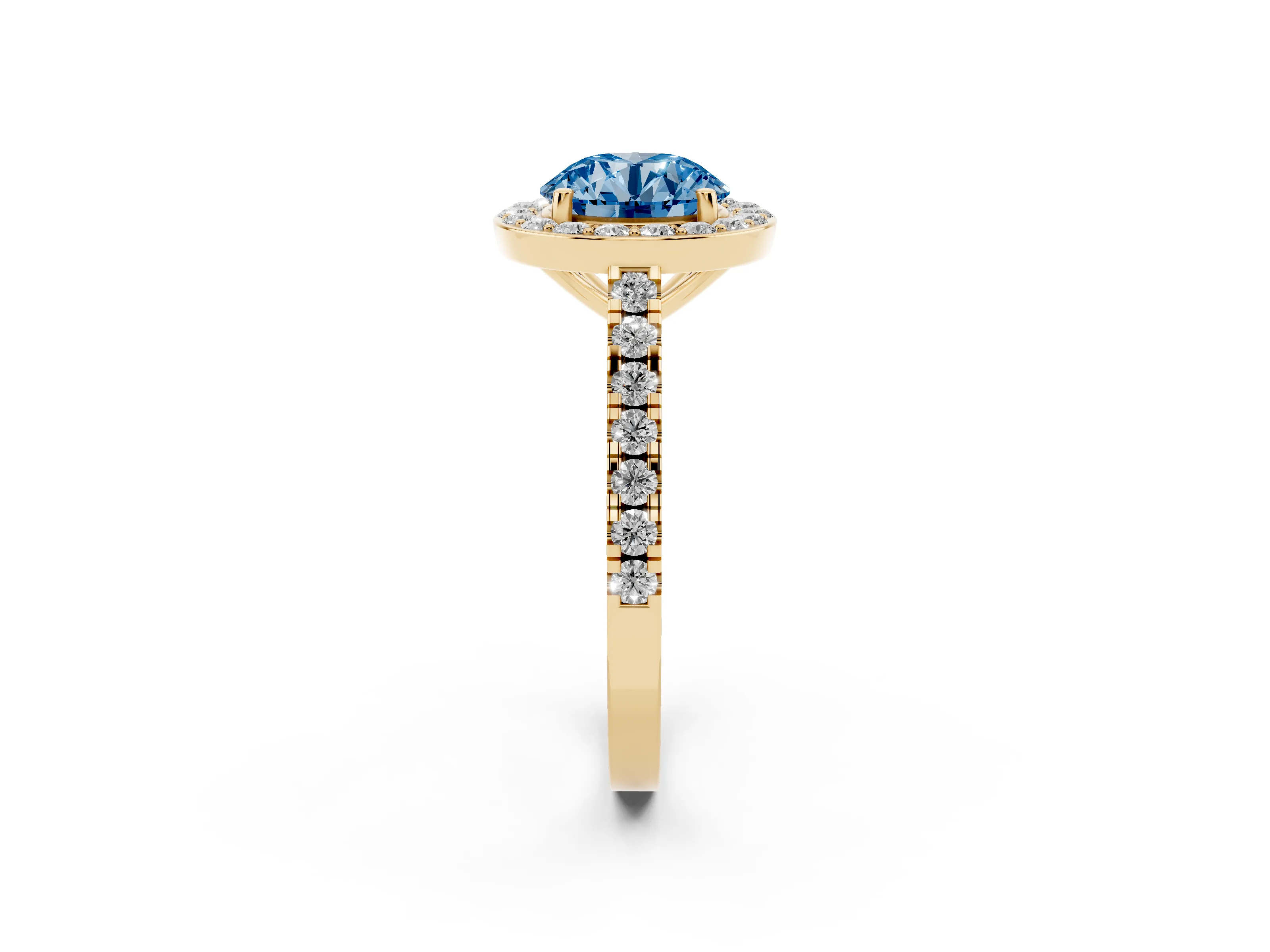 Fancy Blue Round Cut Diamond Halo Ring Set in Yellow gold with Round Pavé Split Shank and Prong Setting