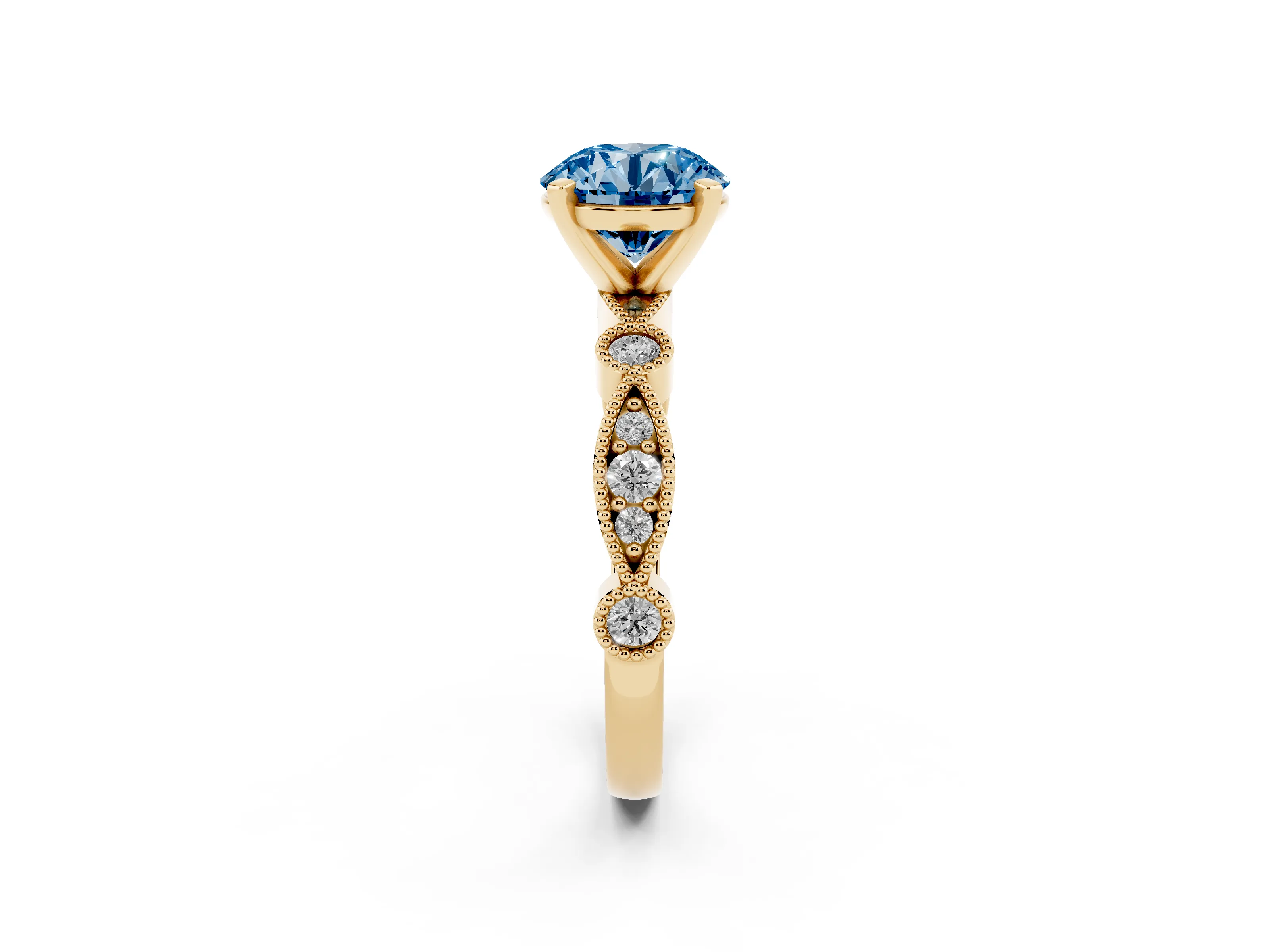Fancy Blue Round Cut Diamond Solitaire Engagement Ring Set in Yellow gold with Milgrain Bezel Accent Band