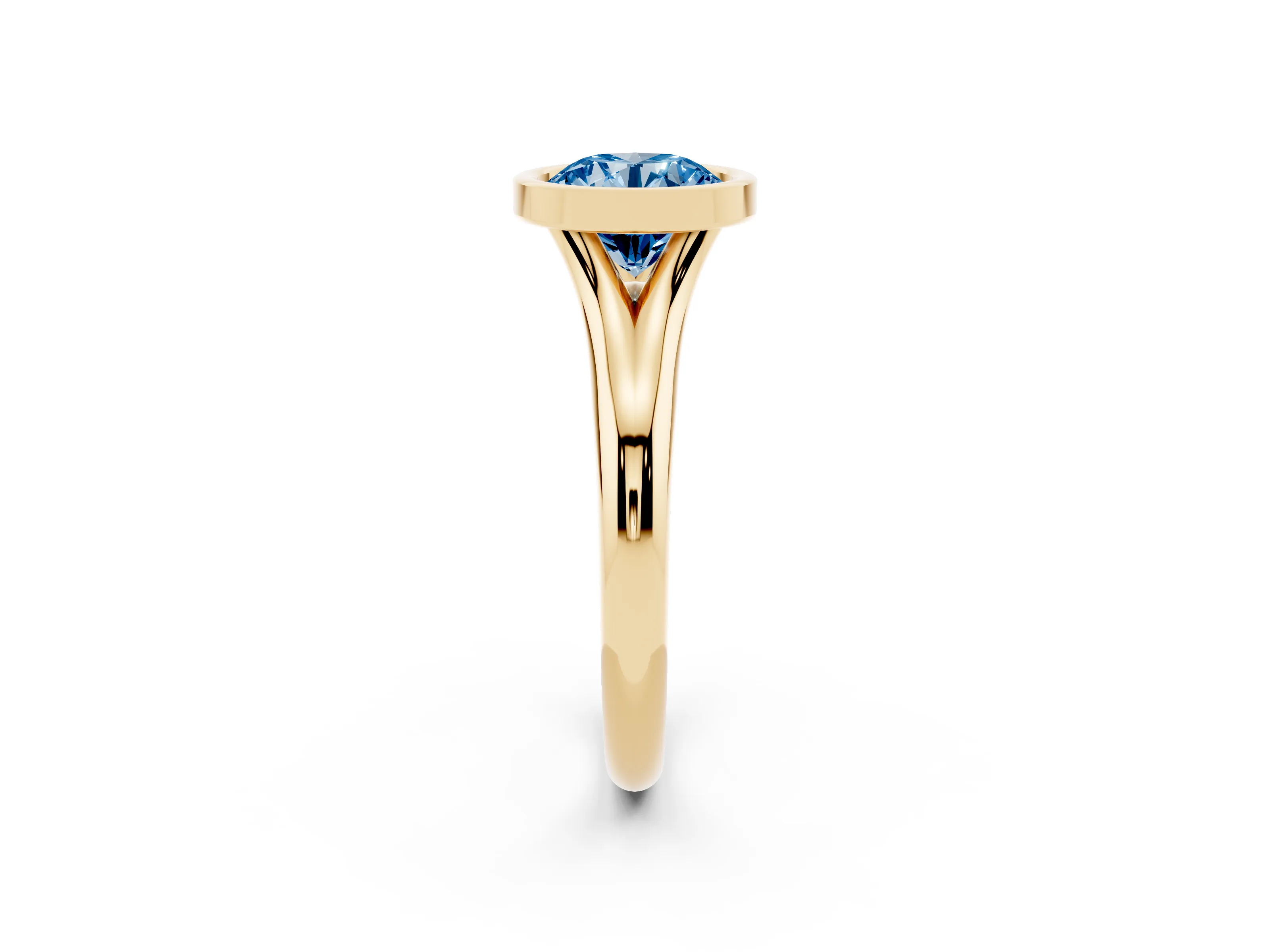 Fancy Blue Bezel Set Round Cut Diamond Solitaire Ring Set in Yellow gold with Smooth Band