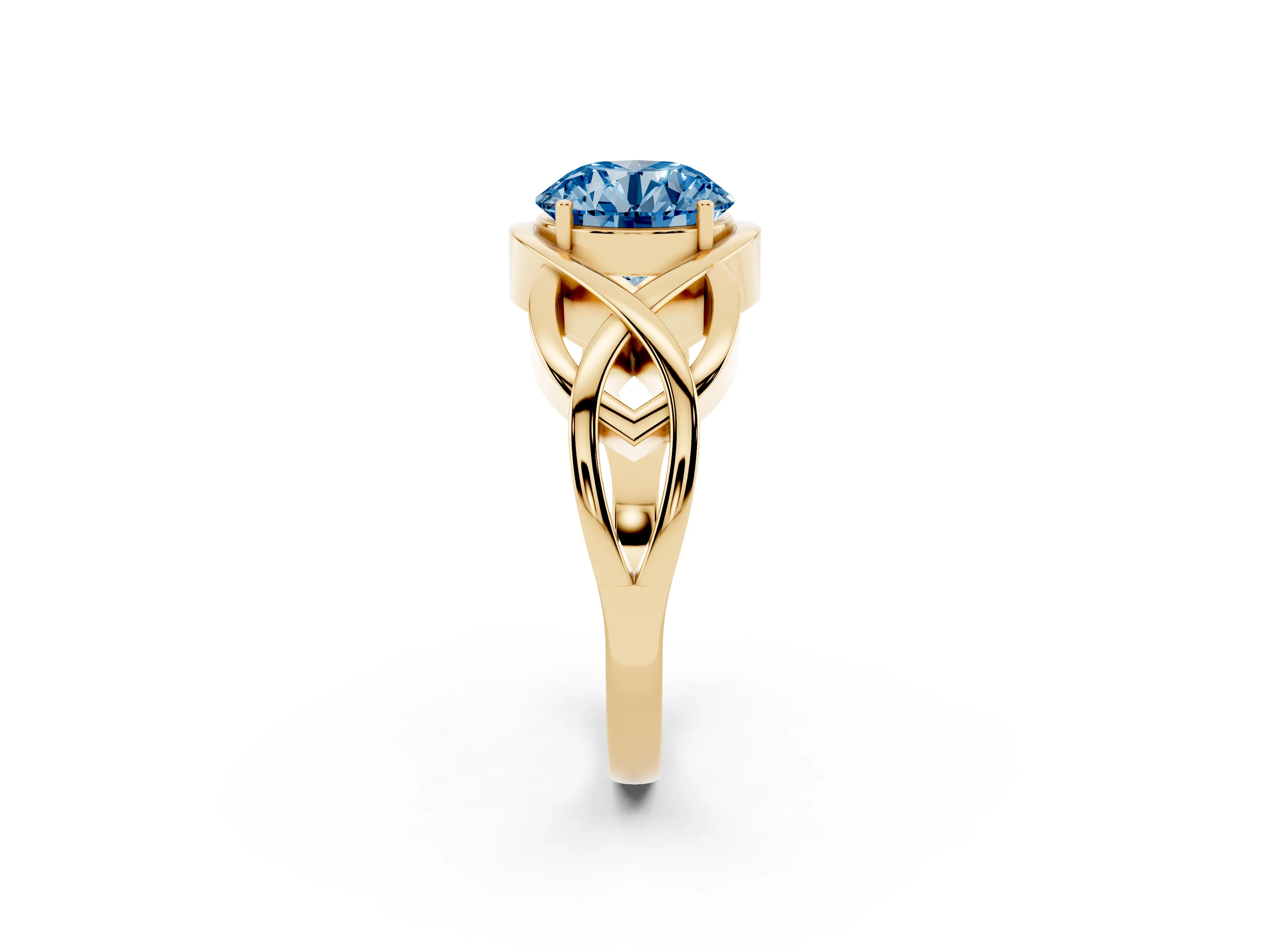 Fancy Blue Round Cut Diamond Solitaire Ring Set in Yellow gold with Intertwined Band