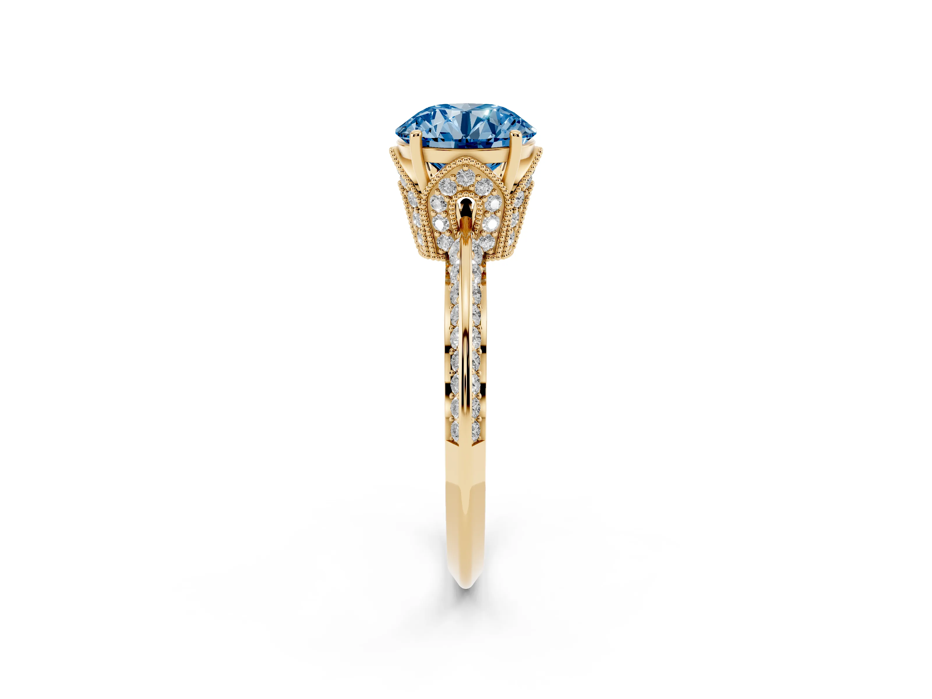 Fancy Blue Round Cut Diamond Solitaire Engagement Ring Set in Yellow gold with Pavé Split Shank and Prong Setting