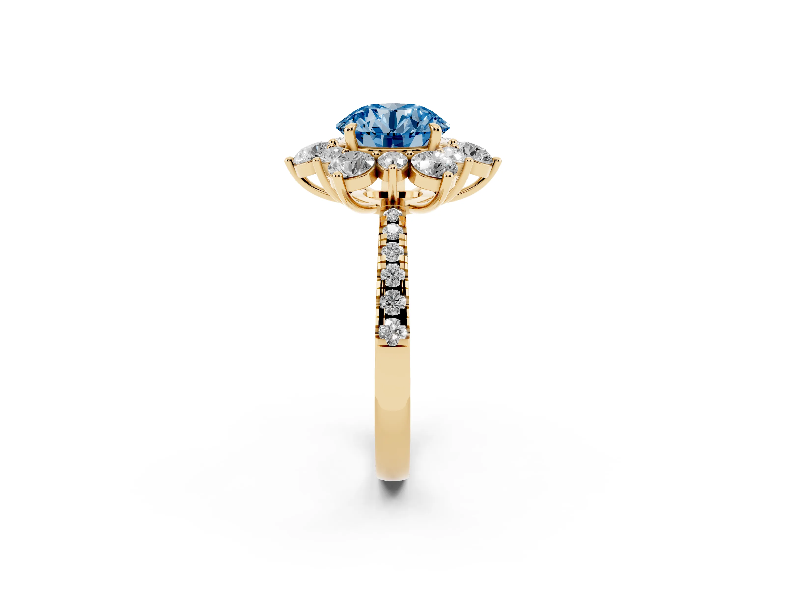 Fancy Blue Round Cut Diamond Floral Halo Ring Set in Yellow gold with Round Pavé Band and Prong Setting