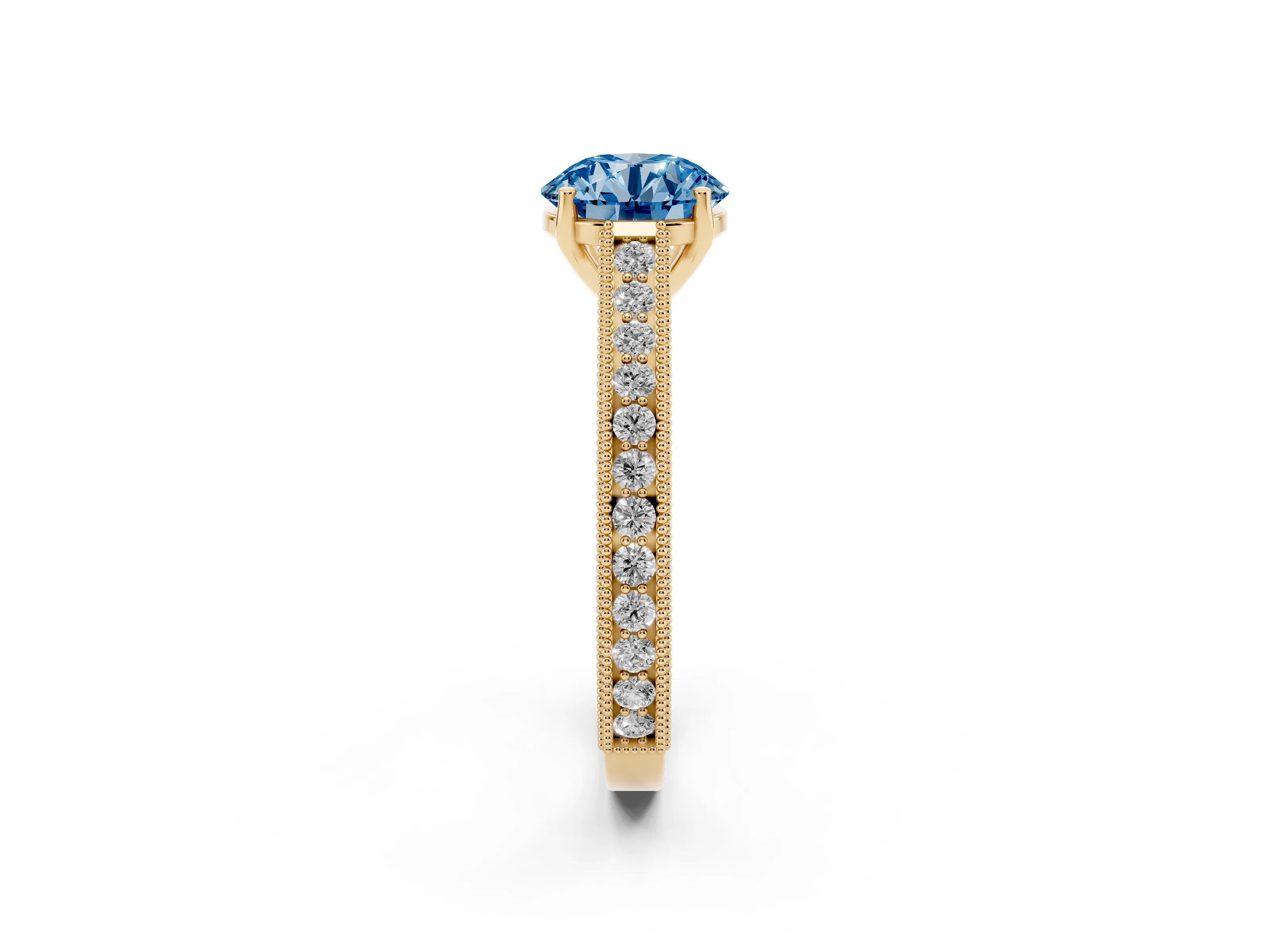 Fancy Blue Round Cut Diamond Milgrain Pavé Band Solitaire Ring Set in Yellow gold with Prong Setting