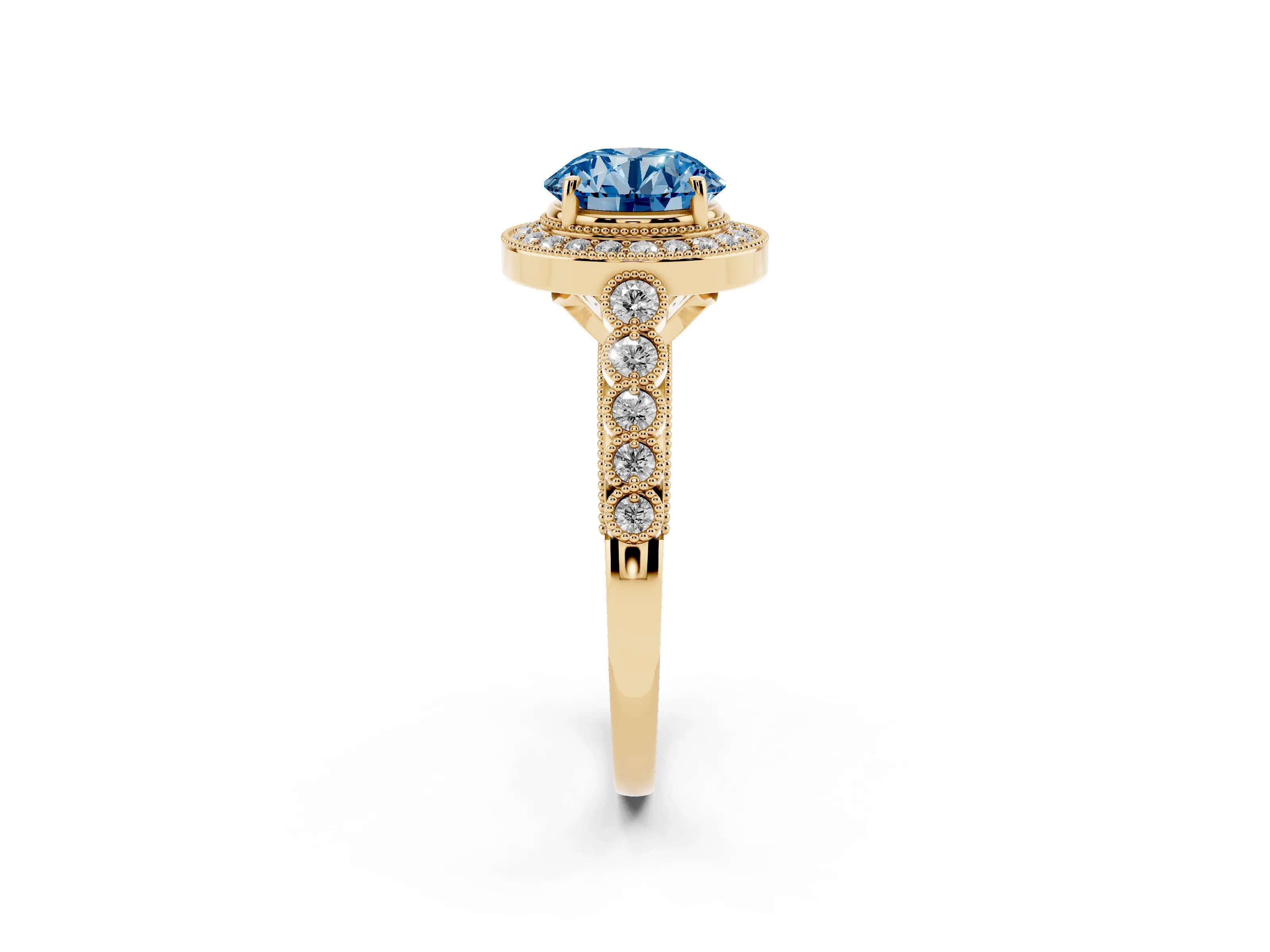Fancy Blue Round Cut Diamond Milgrain Halo Solitaire Ring Set in Yellow gold with Bezel Set Side Stones and Pavé Band