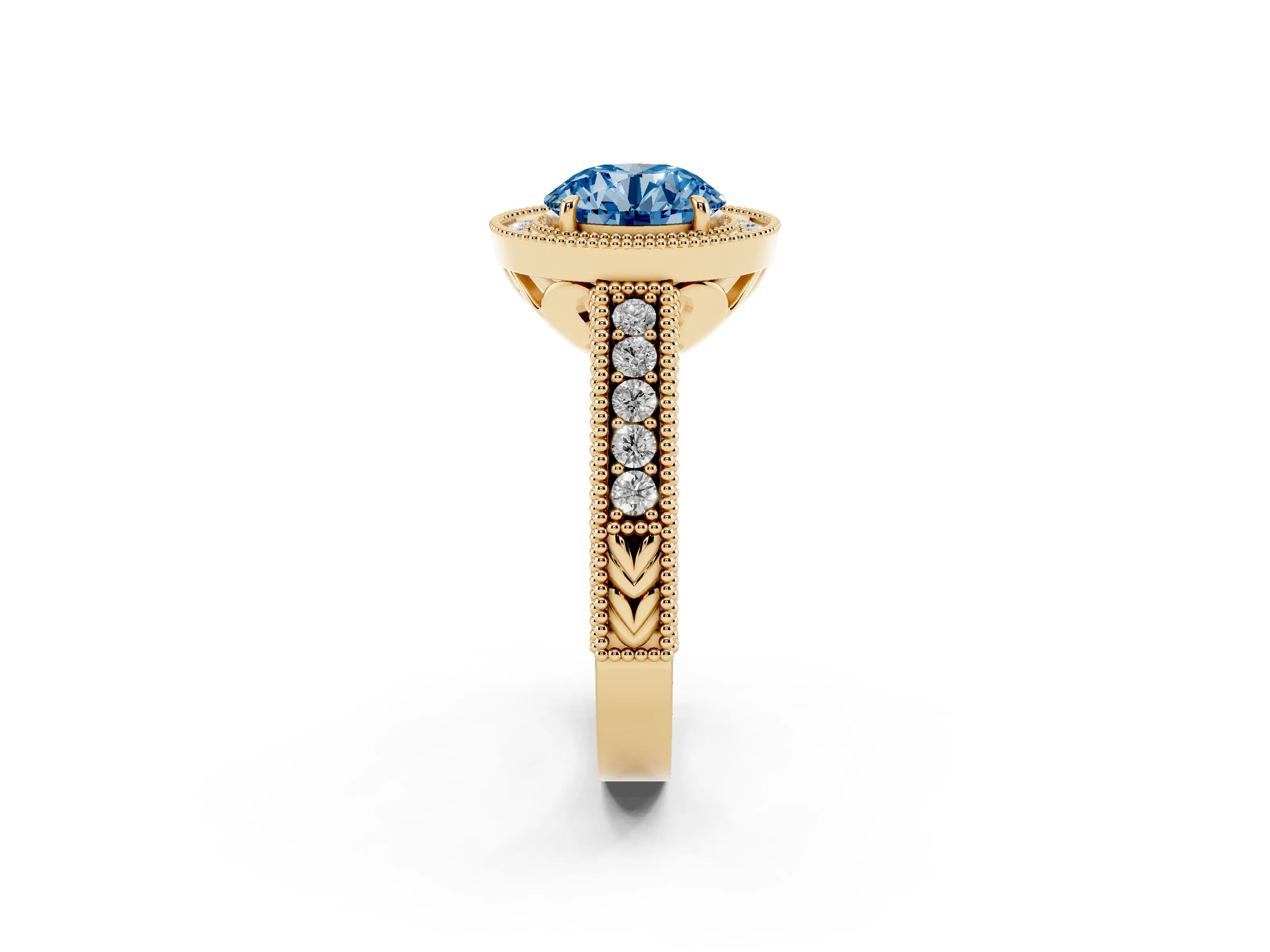 Fancy Blue Round Cut Diamond Halo Ring Set in Yellow gold with Round Accent Halo, Pavé Band and Prong Setting
