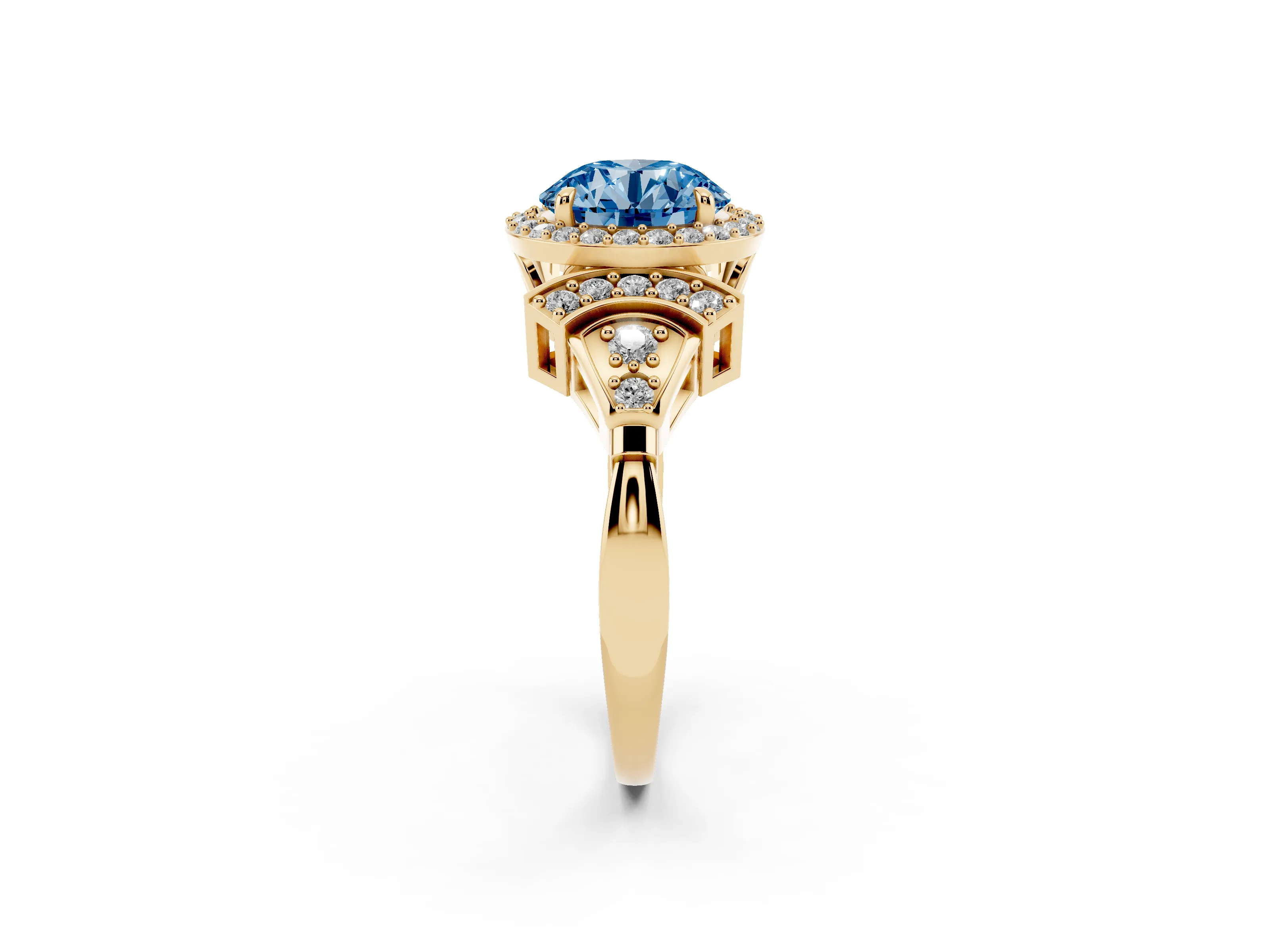 Fancy Blue Round Cut Diamond Halo Engagement Ring Set in Yellow gold with Accent Stone Split Shank