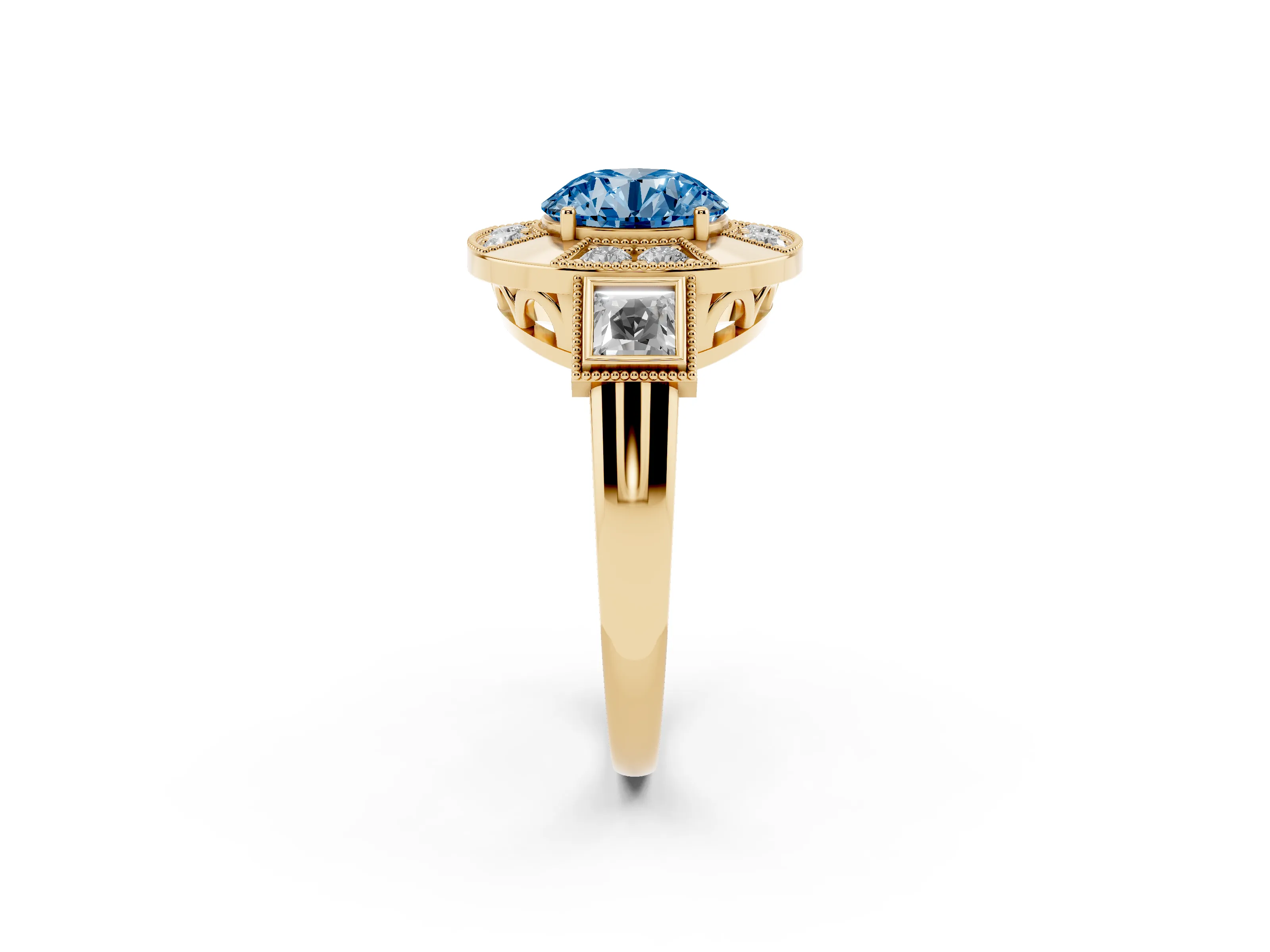 Fancy Blue Round Cut Diamond Milgrain Halo Ring Set in Yellow gold with Split Shank