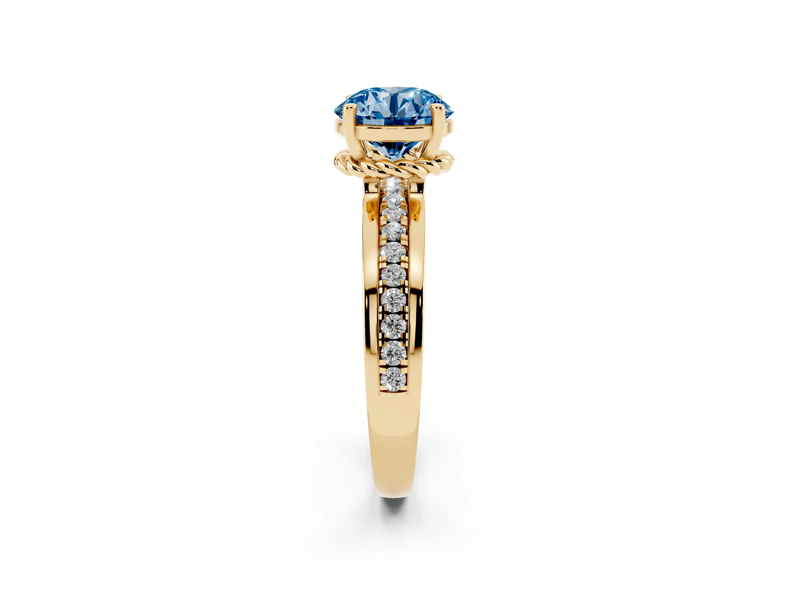 Fancy Blue Round Cut Diamond Solitaire Ring Set in Yellow gold with Channel Set Band and Prong Setting