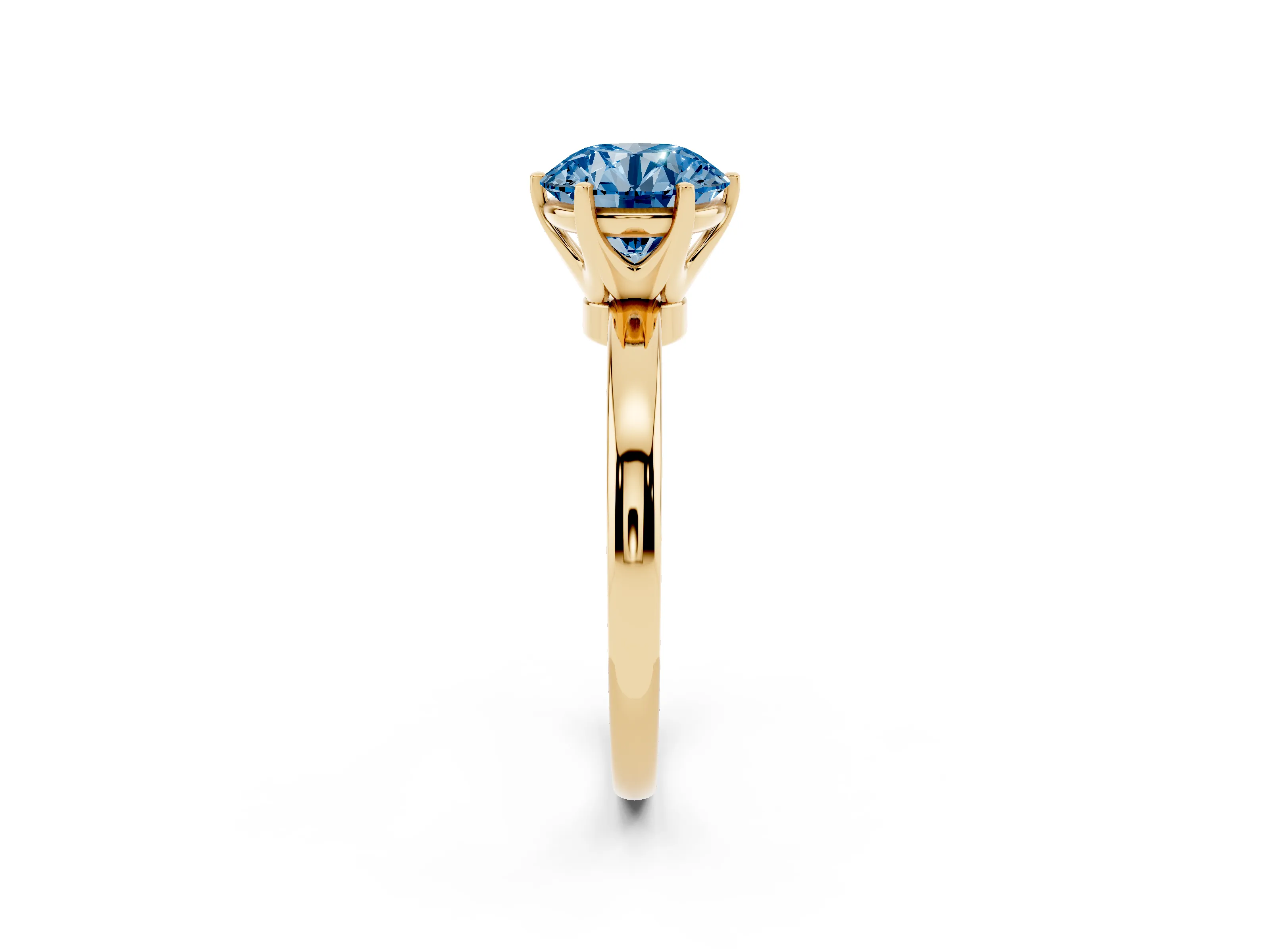 Fancy Blue Round Cut Diamond Solitaire Ring Set in Yellow gold with Raised Prong Setting on a Classic Band