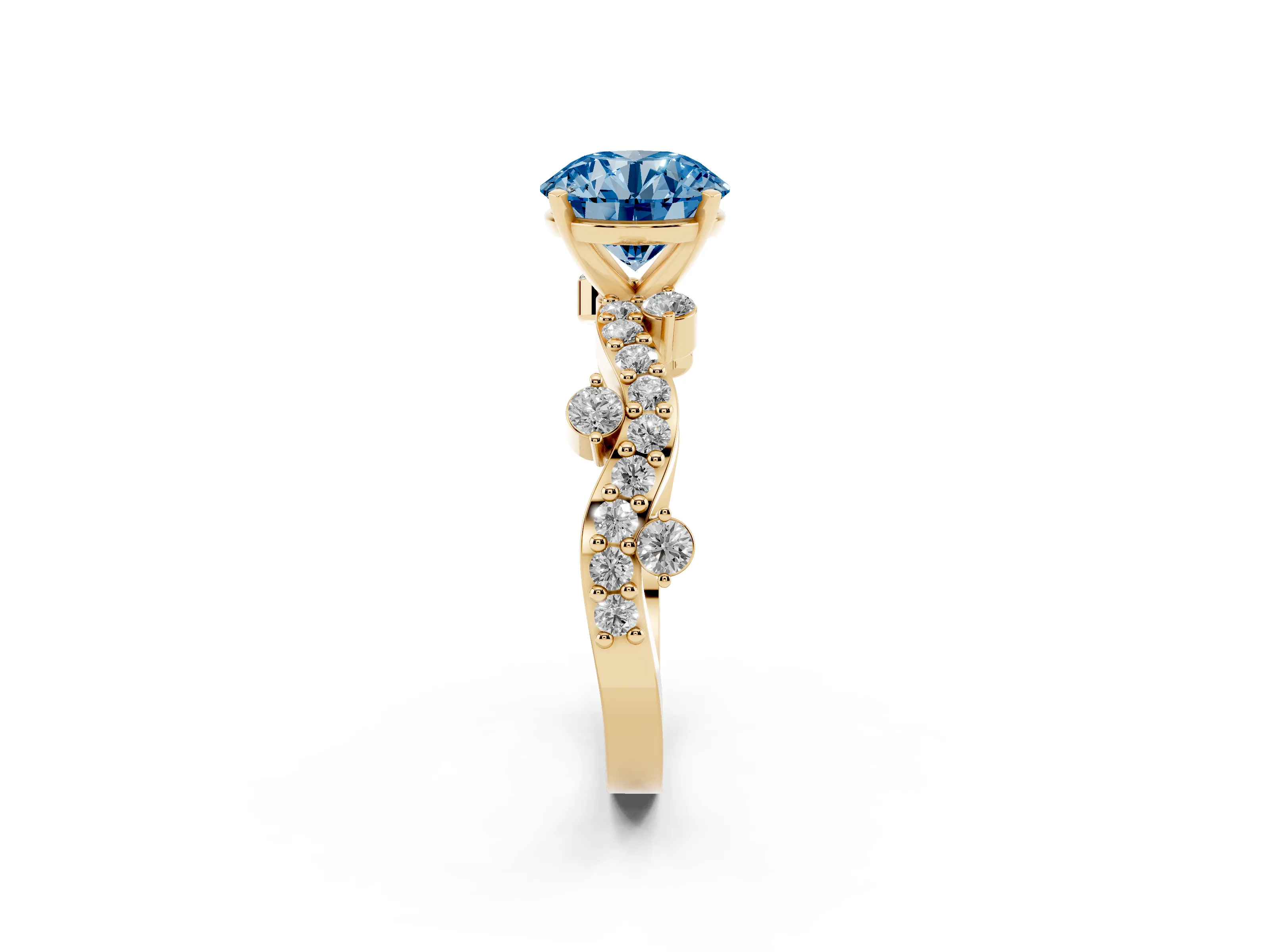 Fancy Blue Round Cut Diamond Solitaire Twisted Band Set in Yellow gold with Pavé Setting