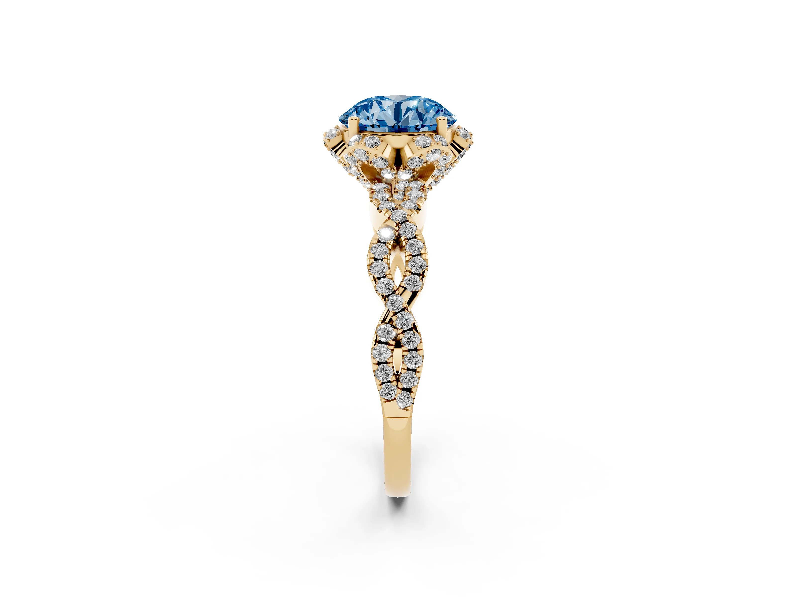Fancy Blue Round Cut Diamond Halo Twist Band Solitaire Ring Set in Yellow gold with Prong-Set Center Stone