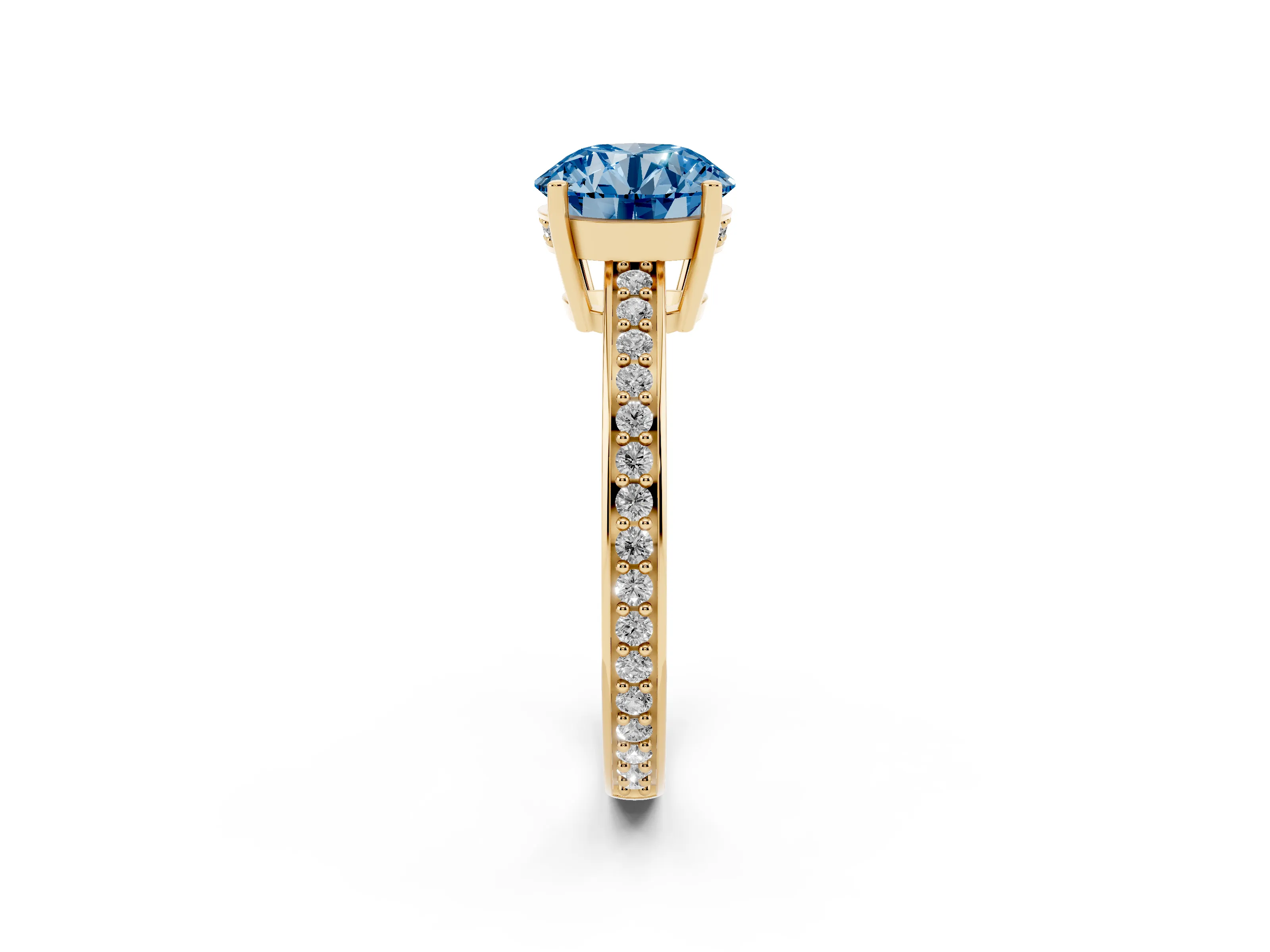 Fancy Blue Round Cut Diamond Pavé Band Prong Set Solitaire Ring Set in Yellow gold