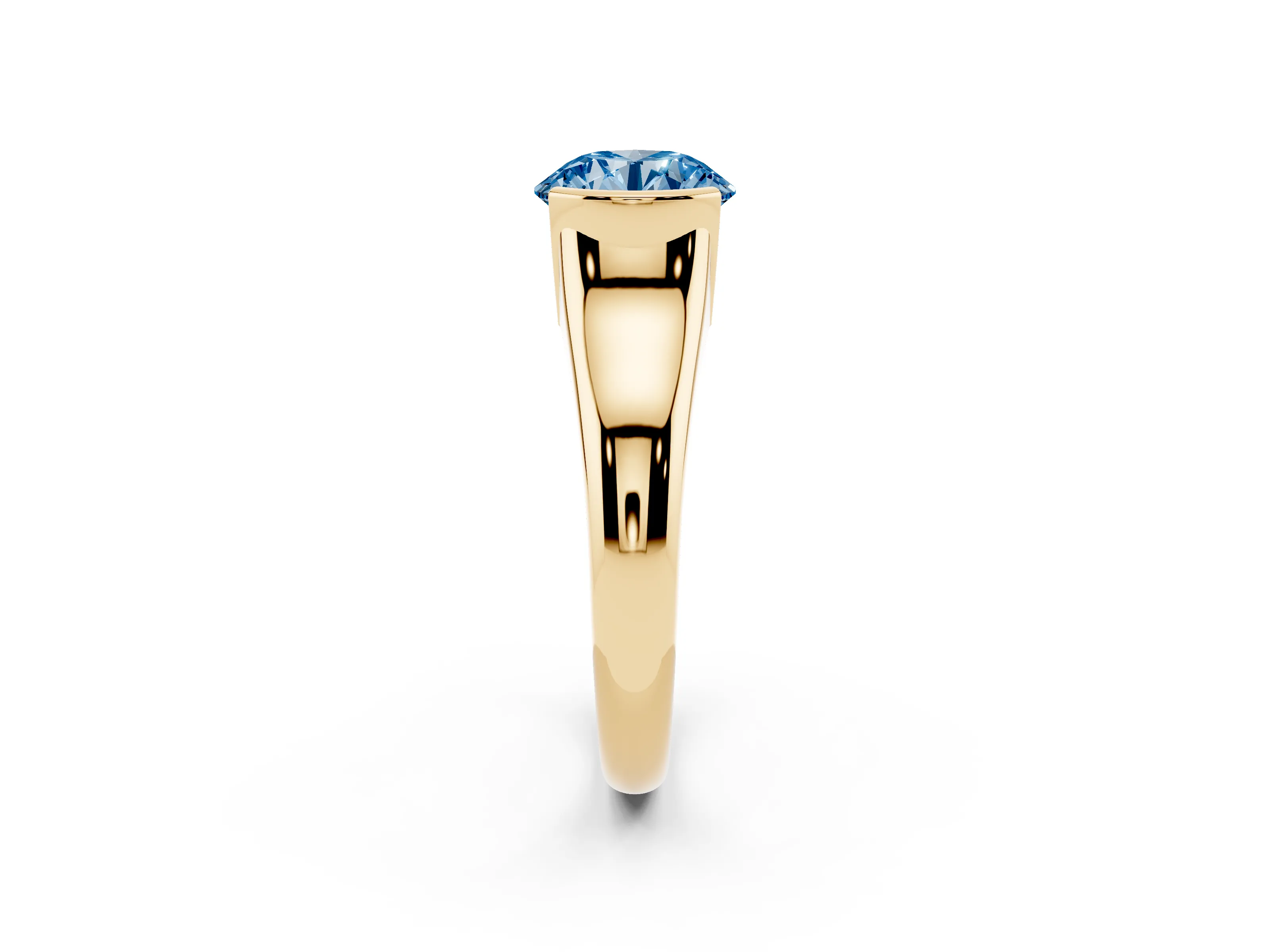 Fancy Blue Round Cut Diamond Solitaire Tension Set Ring Set in Yellow gold with Split Shank Band