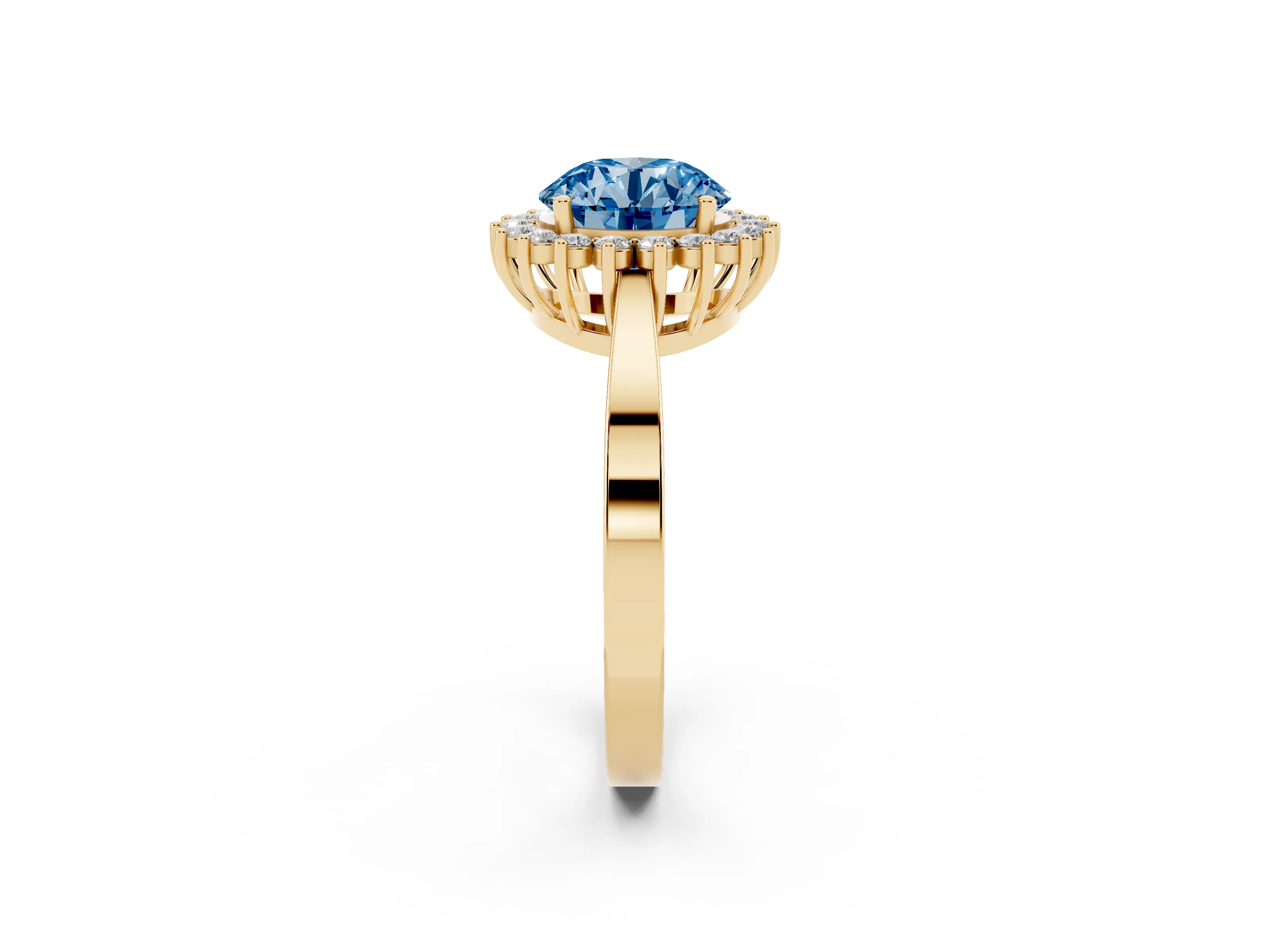 Fancy Blue Round Cut Diamond Halo Ring Set in Yellow gold with Round Halo and Smooth Solitaire Band