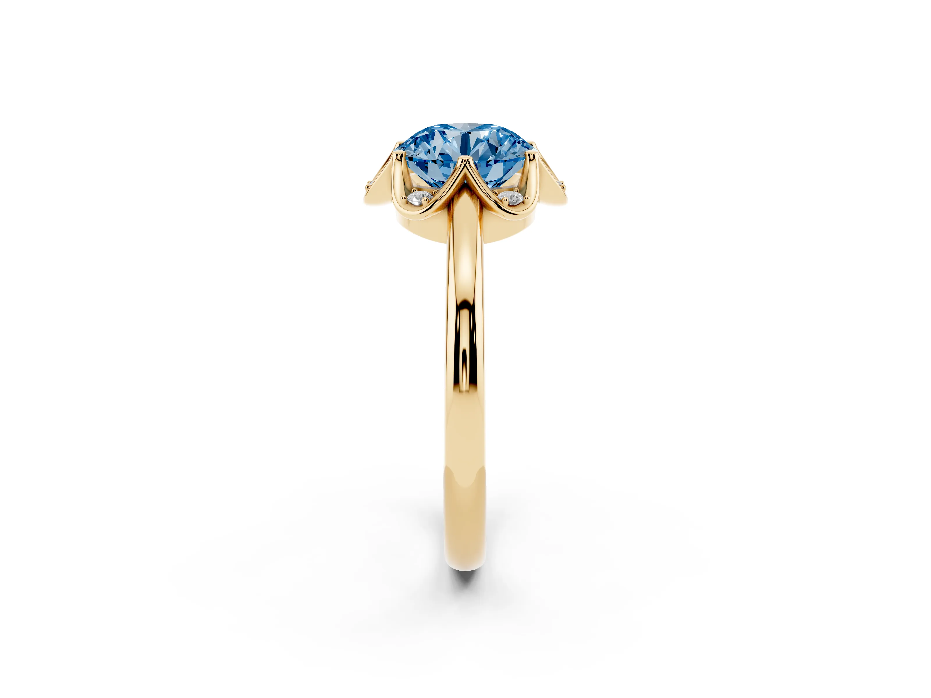 Fancy Blue Round Cut Diamond Round Cluster Halo Ring Set in Yellow gold with Solitaire Band and Prong Setting