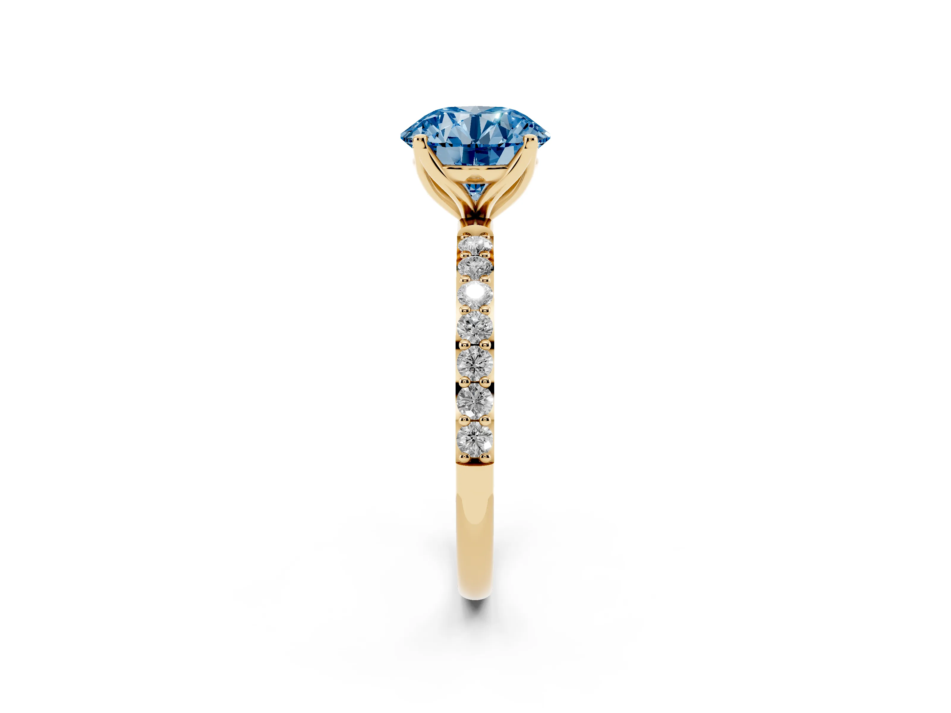 Fancy Blue Round Cut Diamond Solitaire Engagement Ring Set in Yellow gold with Round Pavé Band and Prong Setting