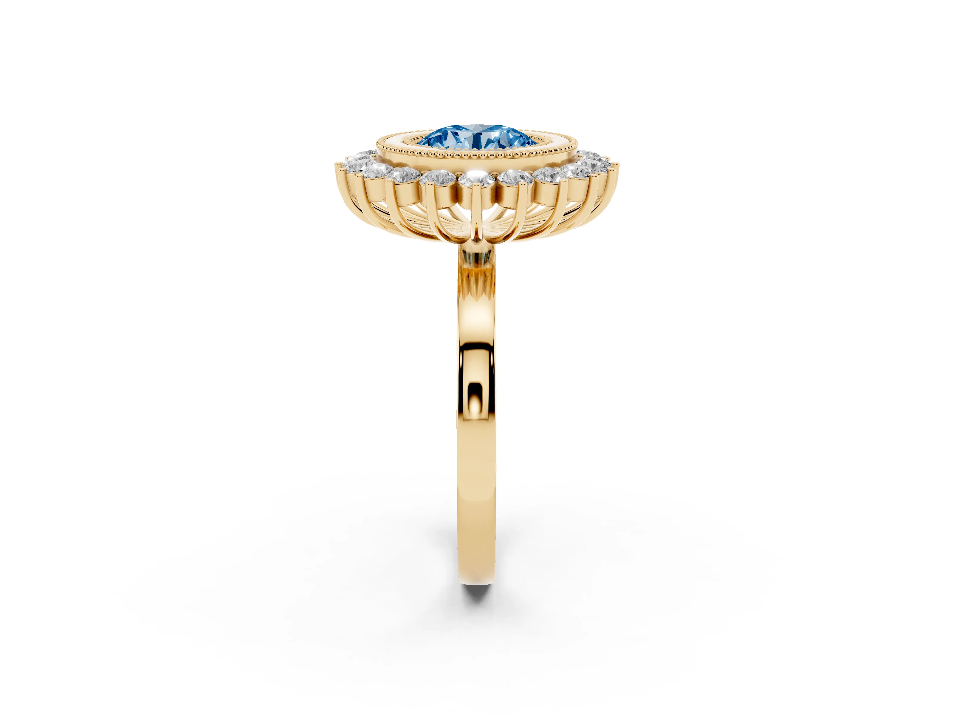 Fancy Blue Round Cut Diamond Halo Ring Set in Yellow gold with Milgrain Edge and Round Prong Setting