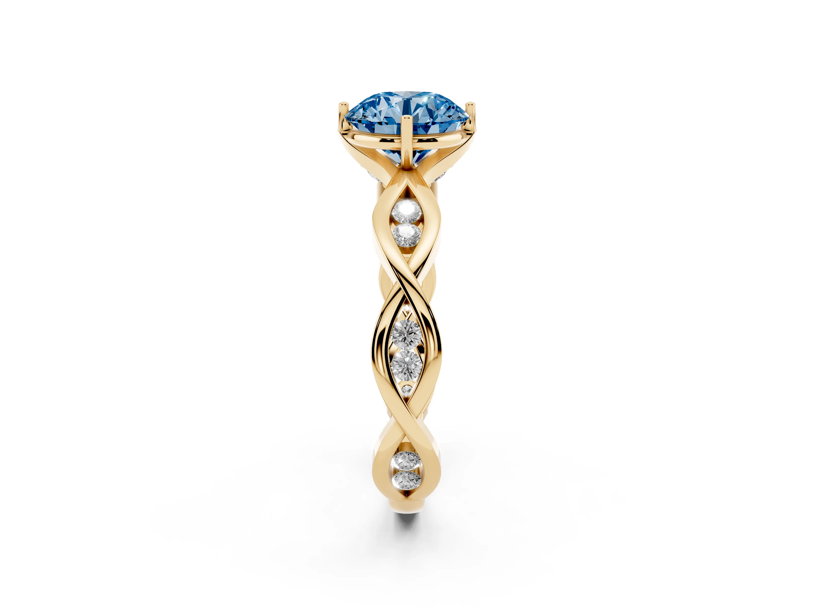 Fancy Blue Round Cut Diamond Twist Band Solitaire Ring Set in Yellow gold with Leaf Prong Setting and Accent Stones