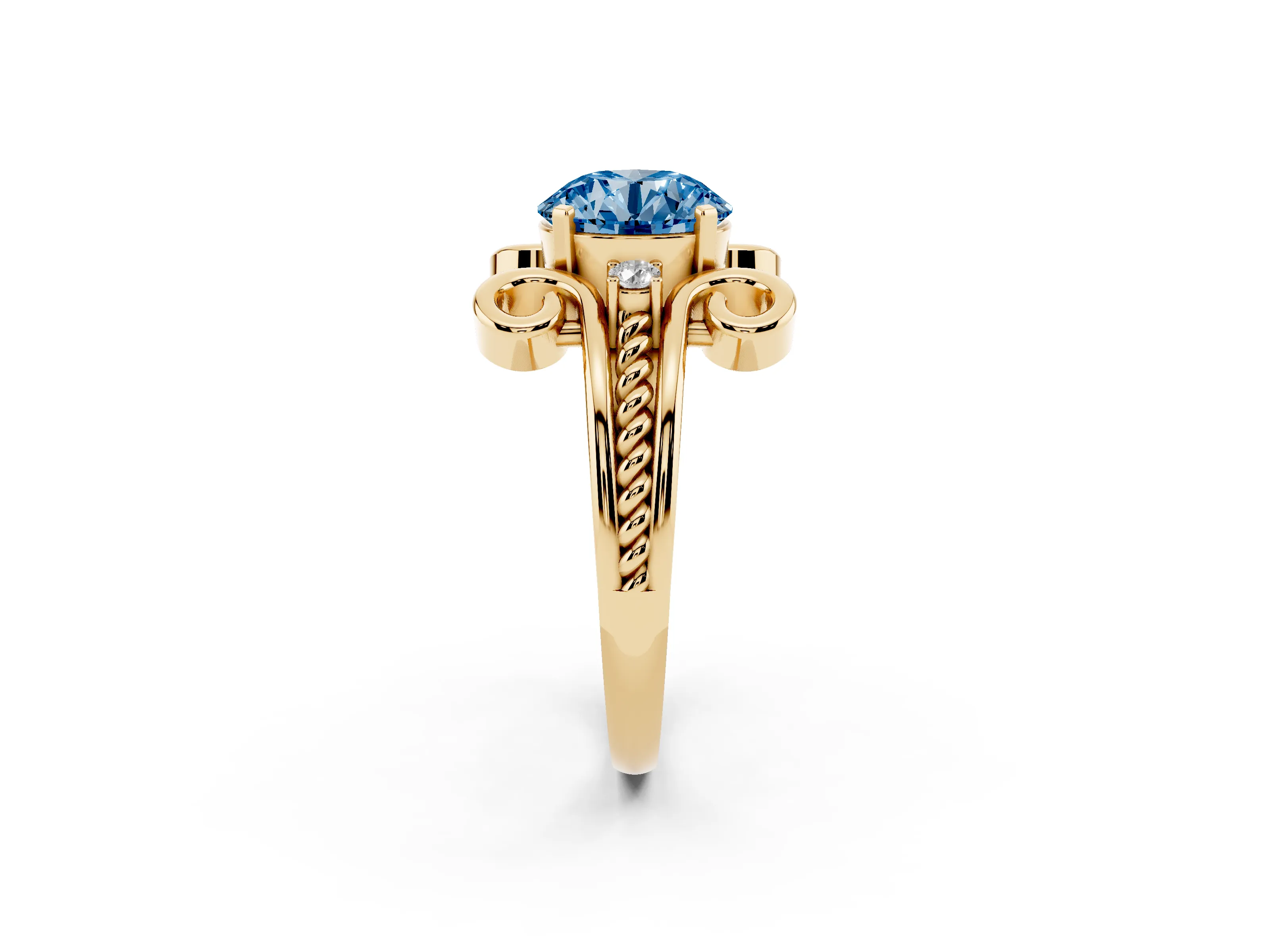 Fancy Blue Round Cut Diamond Twisted Band Solitaire Ring Set in Yellow gold with Scroll Prongs