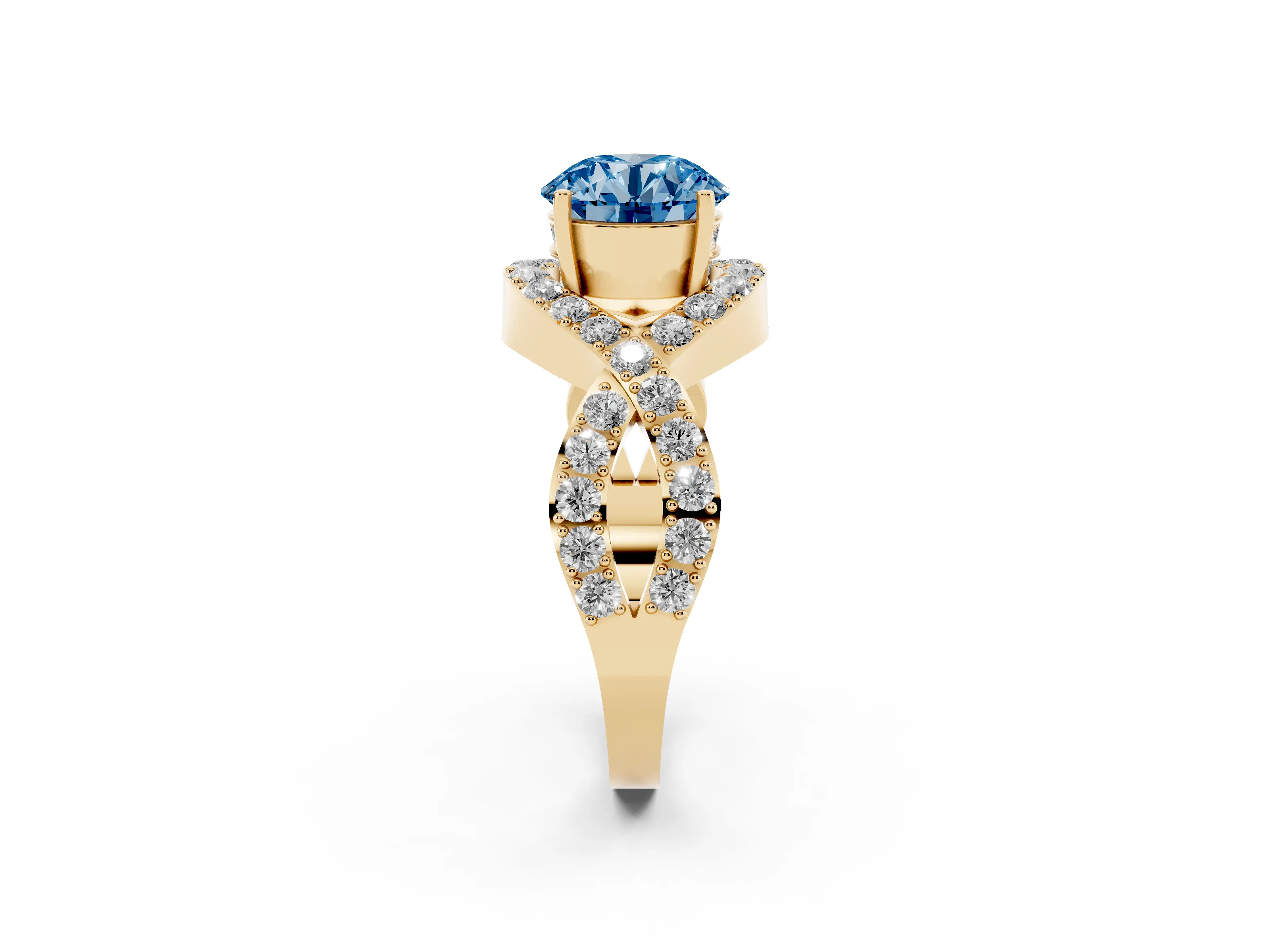 Fancy Blue Round Cut Diamond Solitaire Twist Band Pavé Engagement Ring Set in Yellow gold
