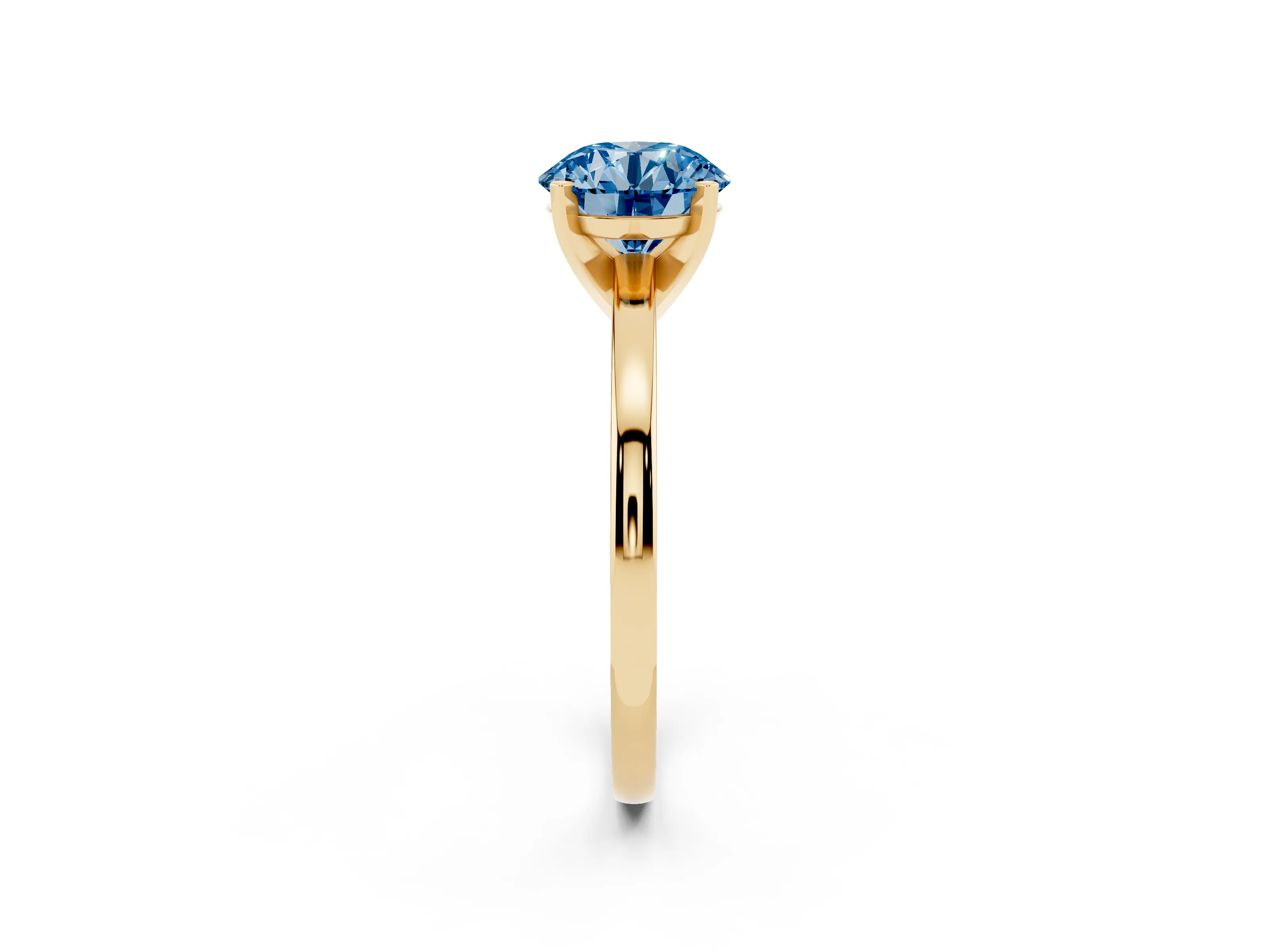 Fancy Blue Round Cut Diamond Solitaire Engagement Ring Set in Yellow gold with Prong Setting on a Classic Band