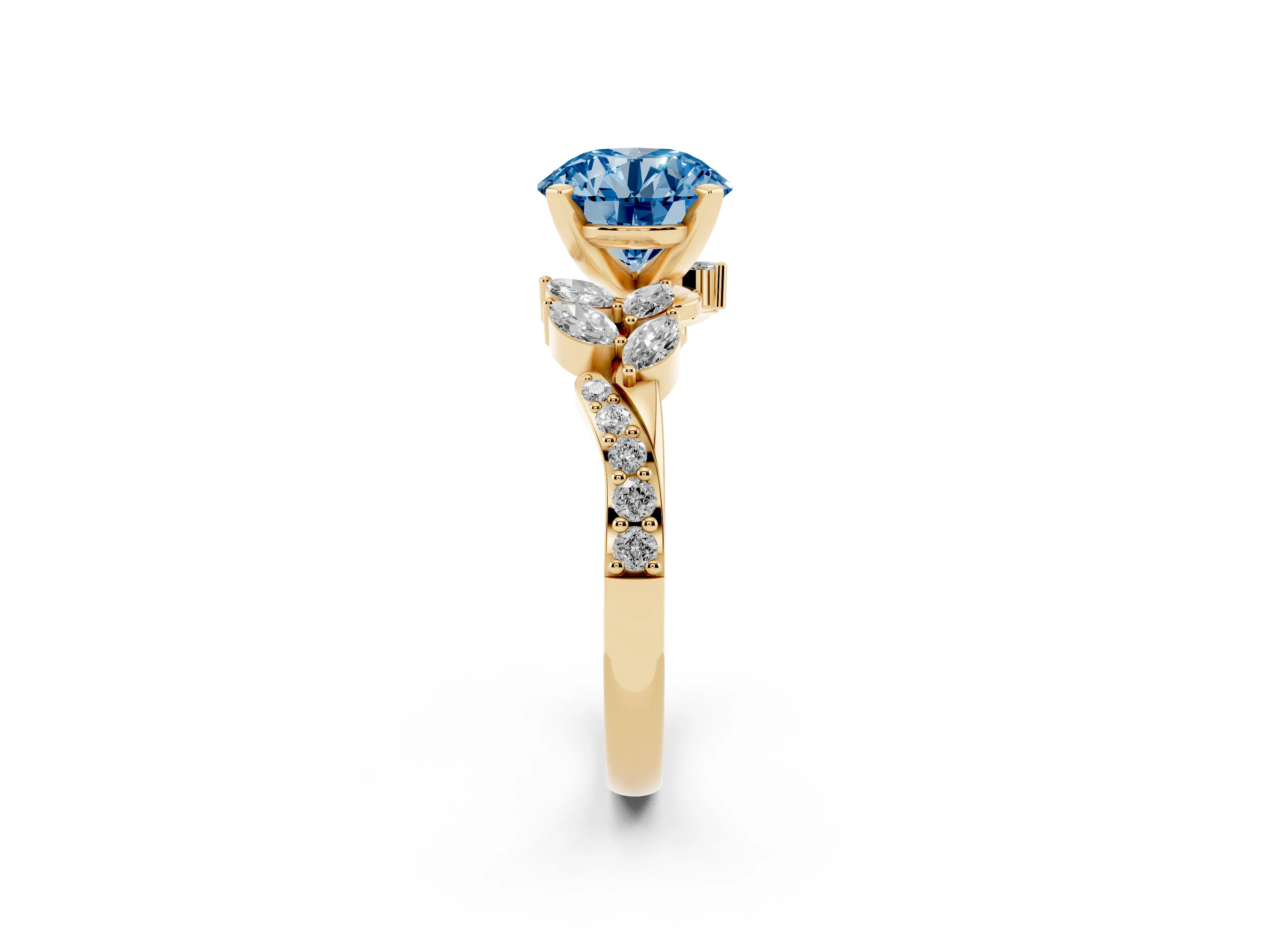 Fancy Blue Round Cut Diamond Solitaire Ring Set in Yellow gold with Marquise Twist Band and Prong Setting