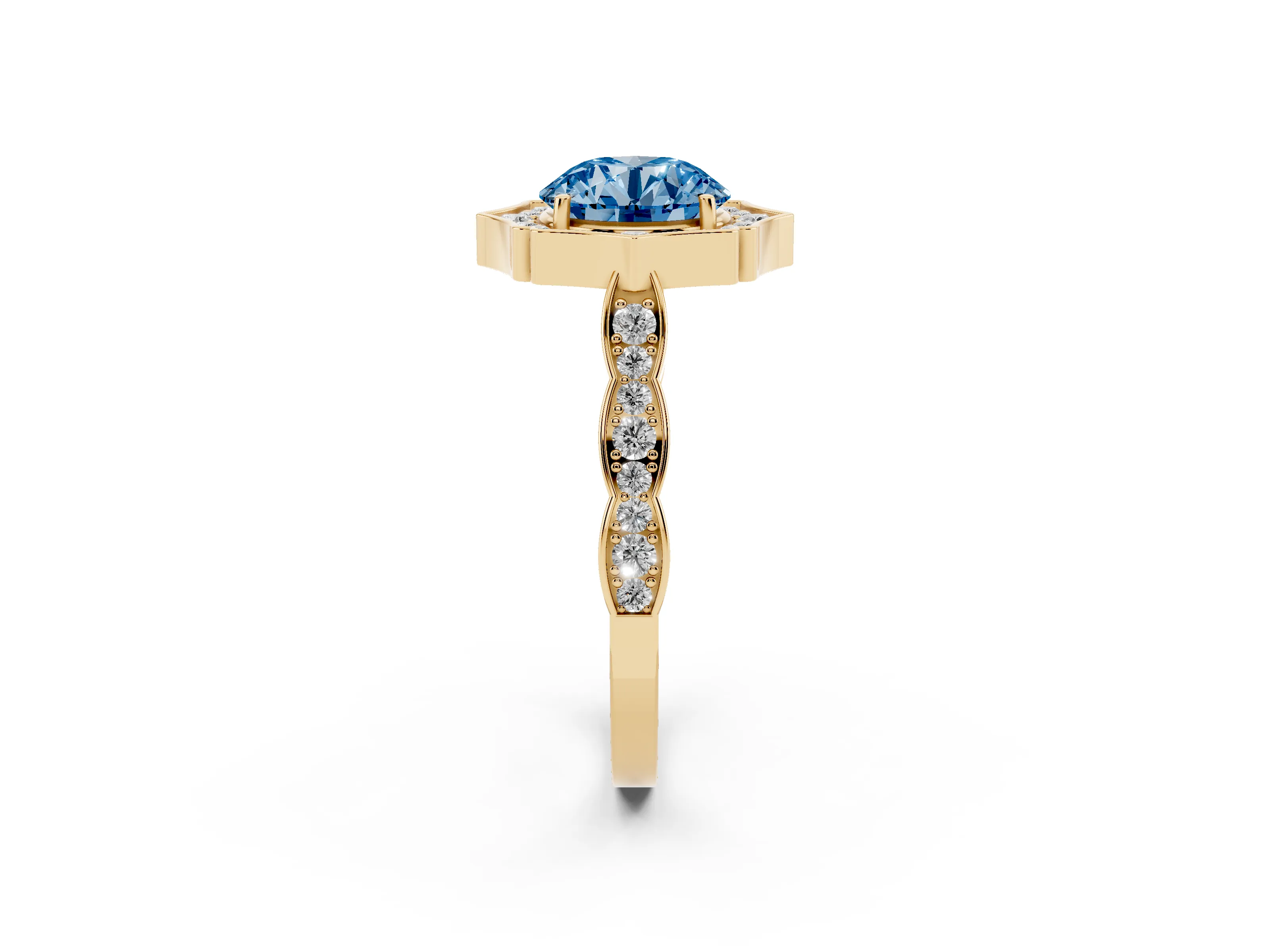 Fancy Blue Round Cut Diamond Halo Engagement Ring Set in Yellow gold with Milgrain Band and Prong Setting