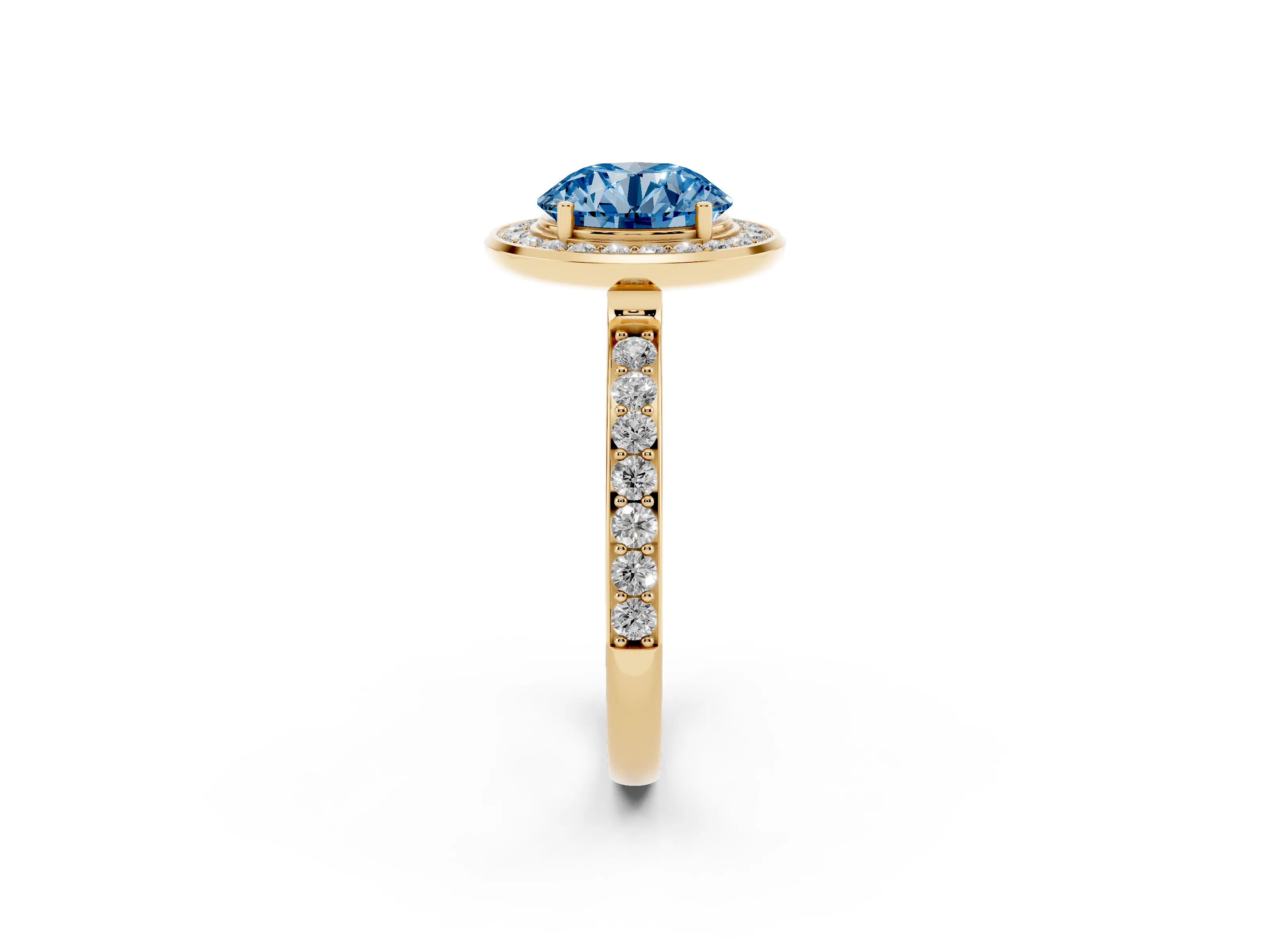 Fancy Blue Round Cut Diamond Halo Ring Set in Yellow gold with Bezel Frame and Pavé Band