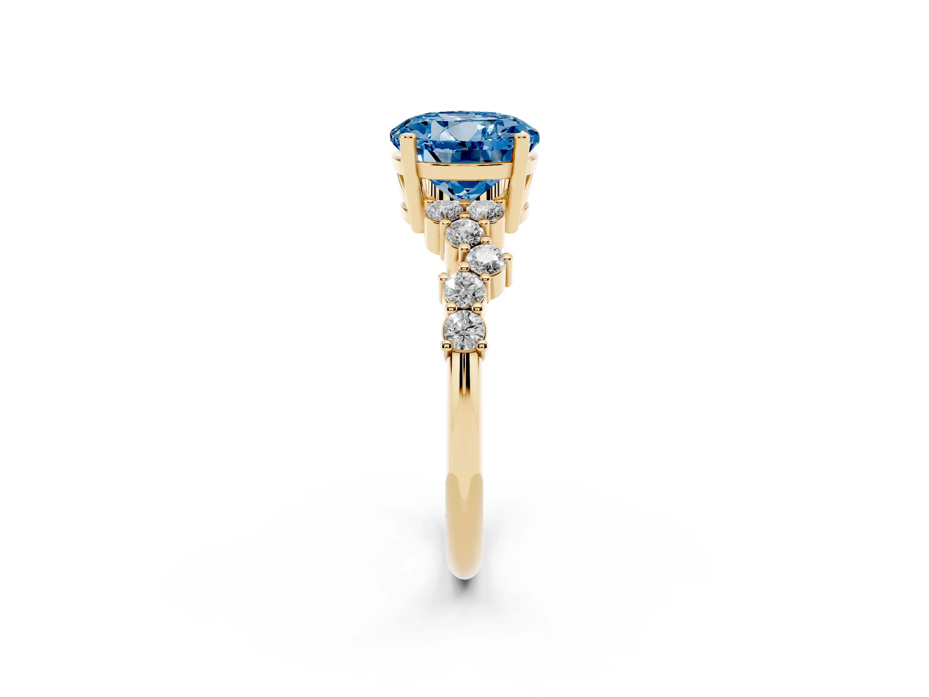 Fancy Blue Round Cut Diamond Ring Set in Yellow gold with Scattered Round Accents