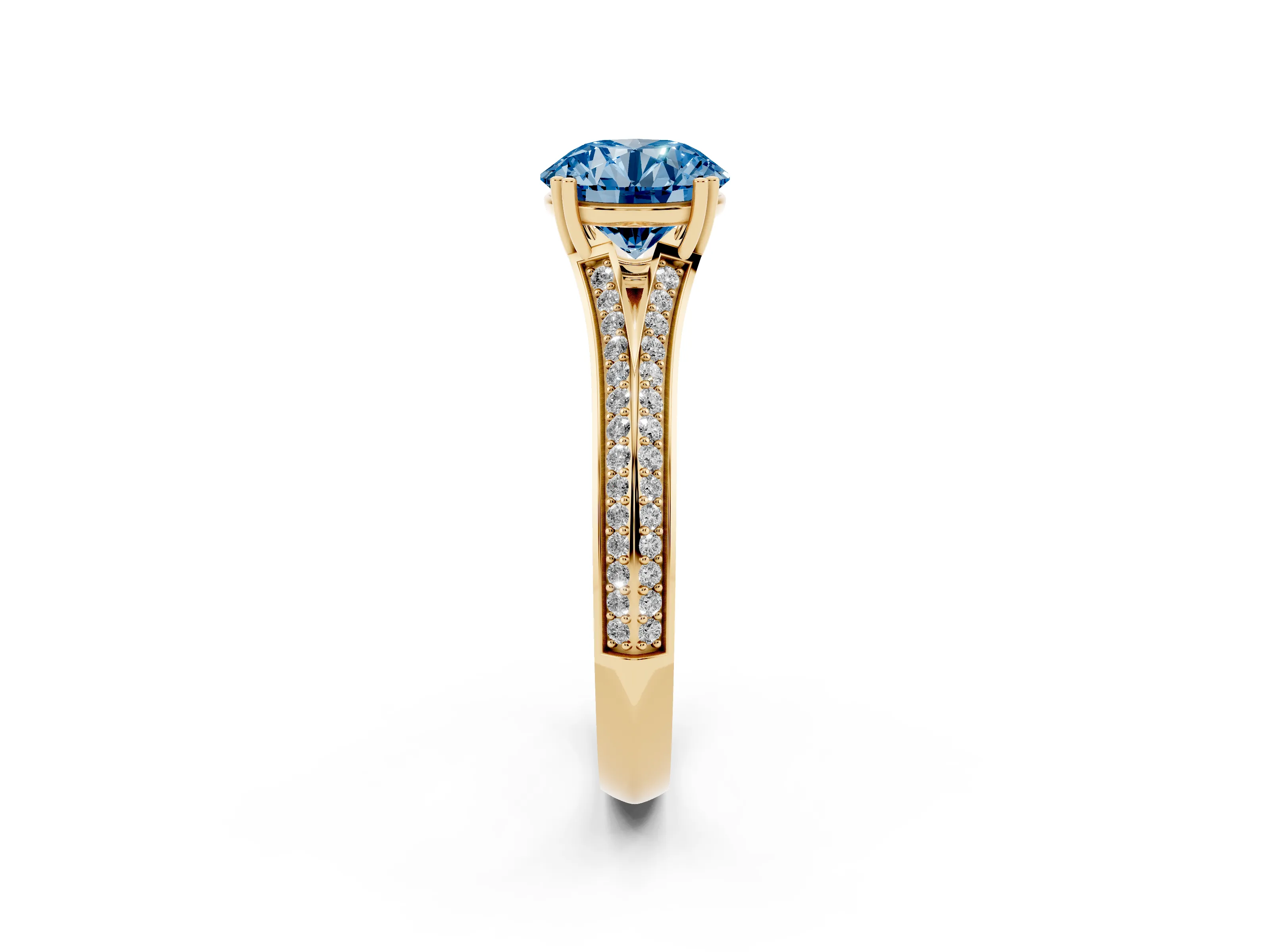 Fancy Blue Round Cut Diamond Split Shank Pavé Engagement Ring Set in Yellow gold with Prong-Set Center Stone