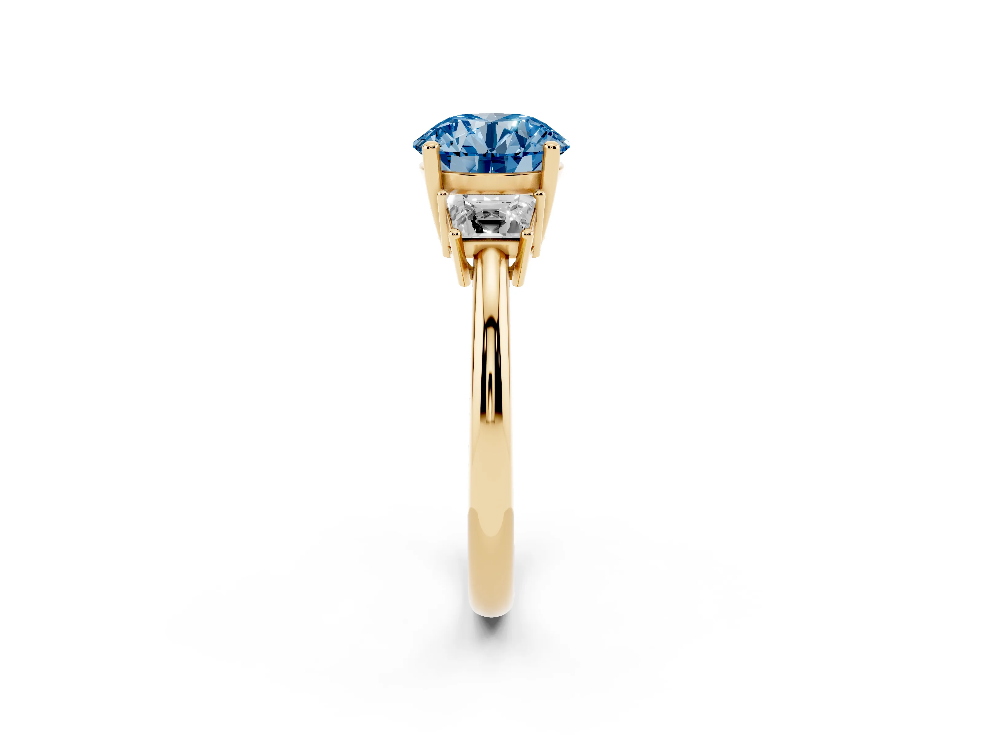 Fancy Blue Round Cut Diamond Three-Stone Ring Set in Yellow gold with Trapezoid Side Stones and Prong Setting