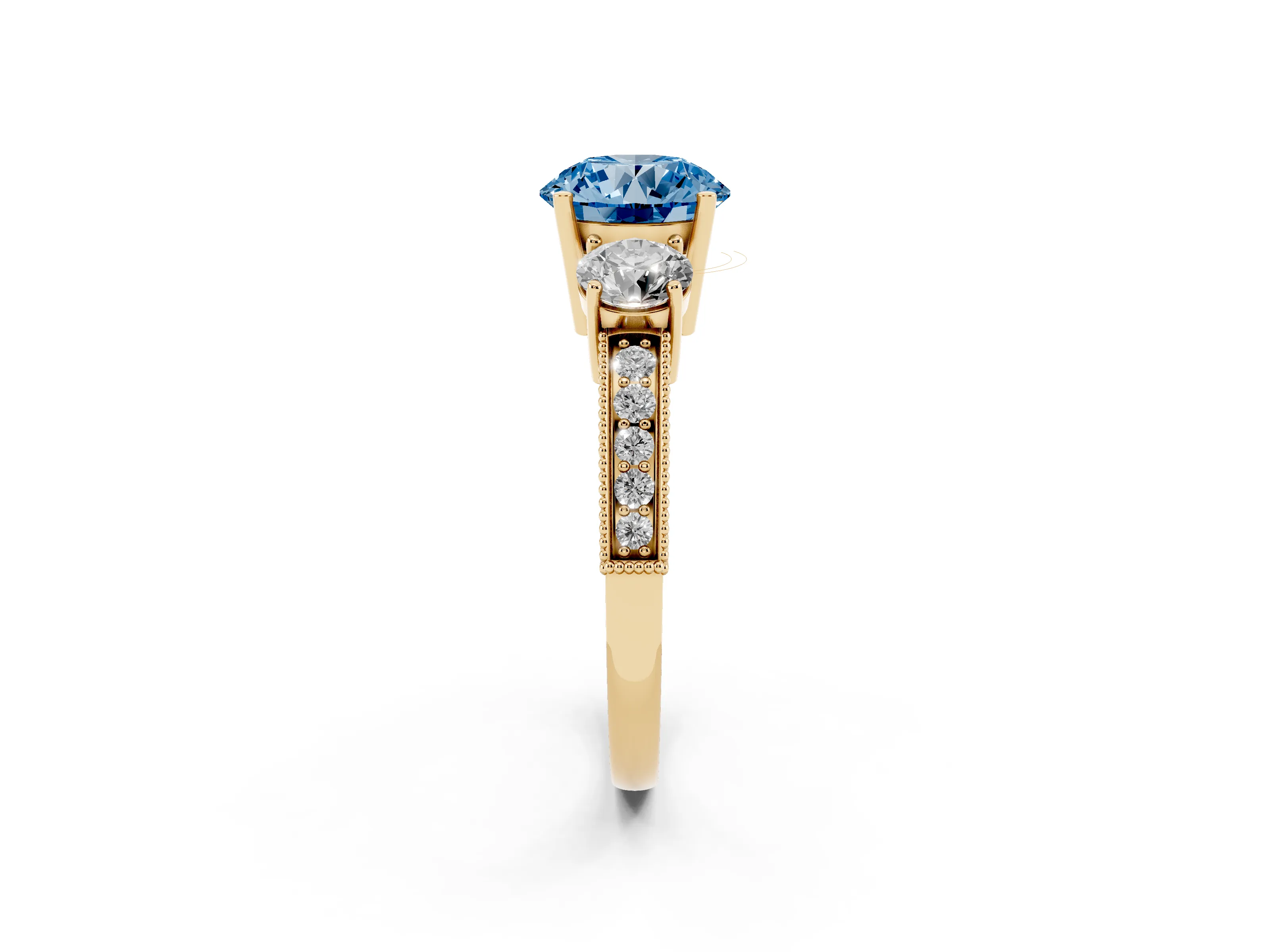 Fancy Blue Round Cut Diamond Three-Stone Ring Set in Yellow gold with Round Side Stones and Pavé Band