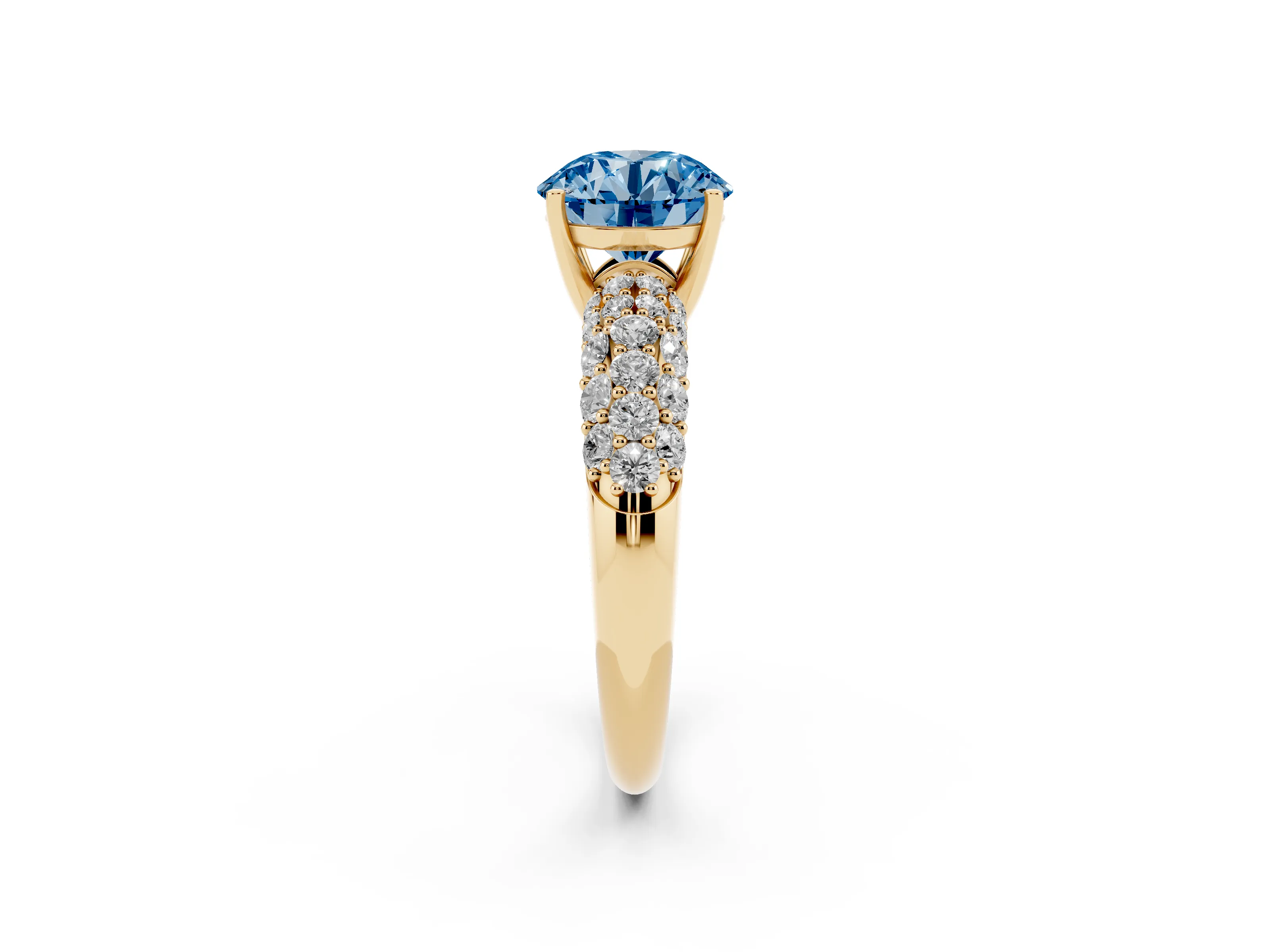 Fancy Blue Round Cut Diamond Pavé Band Solitaire Ring Set in Yellow gold with Close-Set Accent Stones and Prong Setting