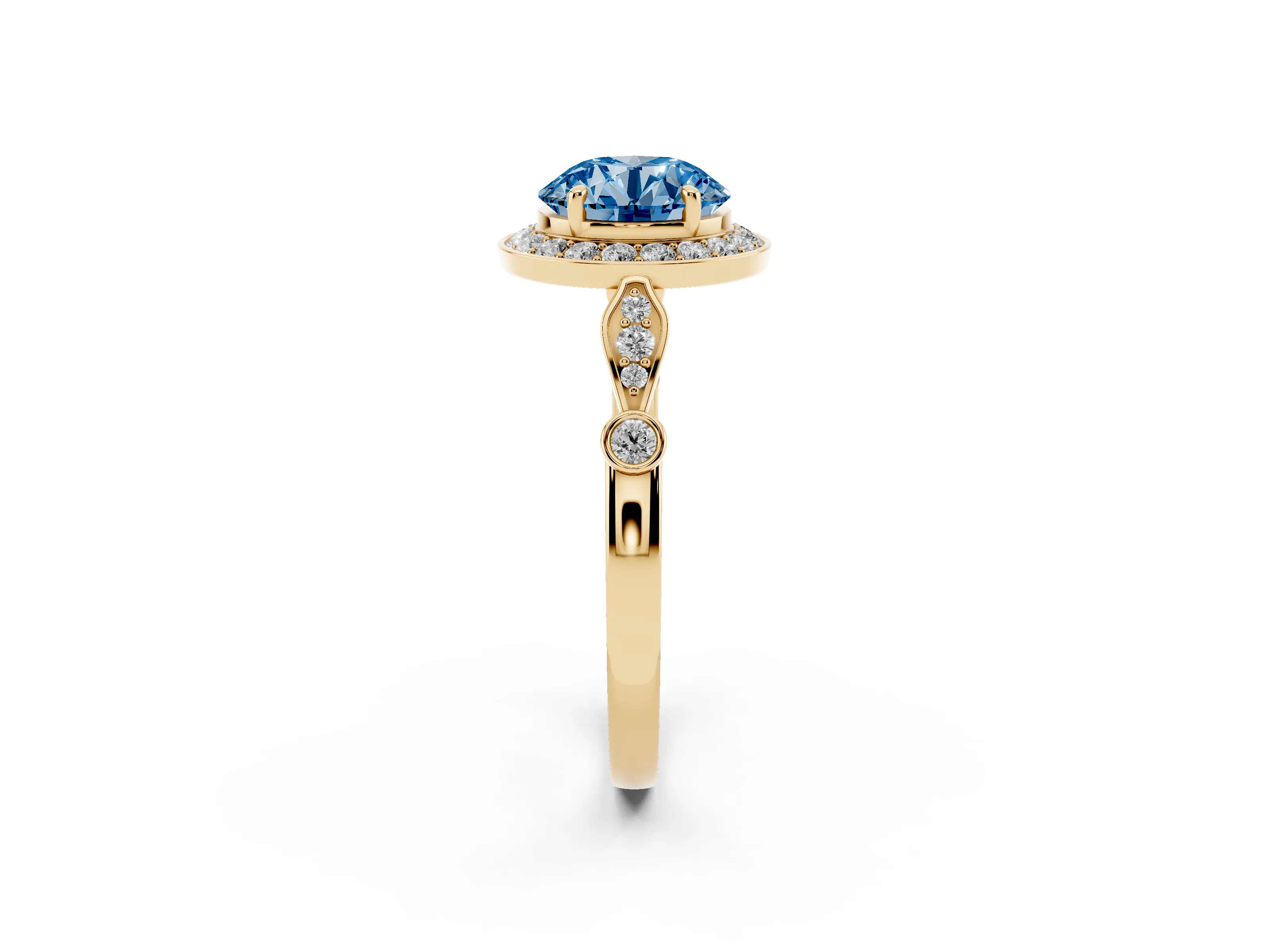 Fancy Blue Round Cut Diamond Halo Engagement Ring Set in Yellow gold with Twisted Band and Prong Setting