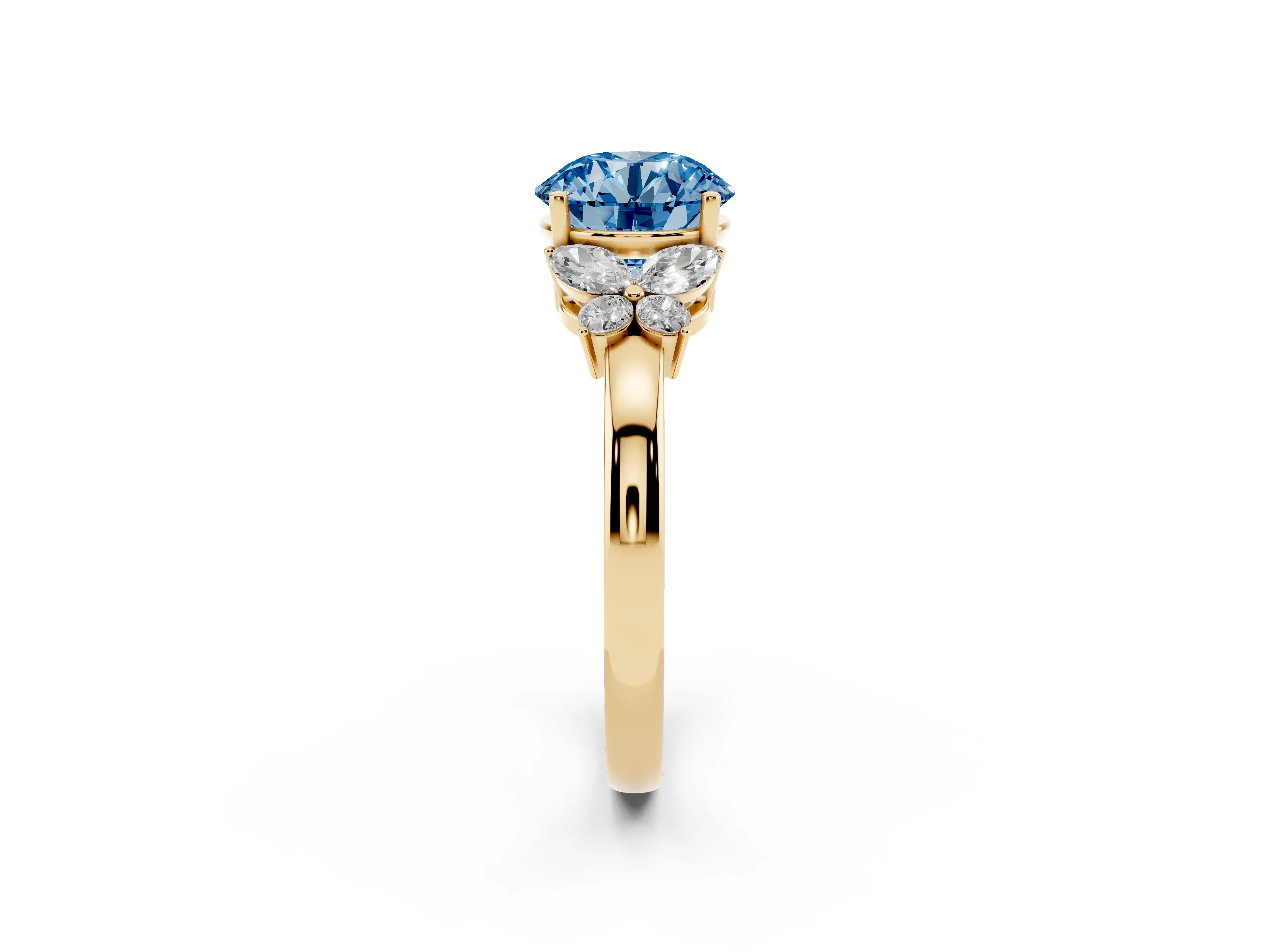 Fancy Blue Round Cut Diamond Solitaire Floral Ring Set in Yellow gold with Marquise Petals and Prong Setting