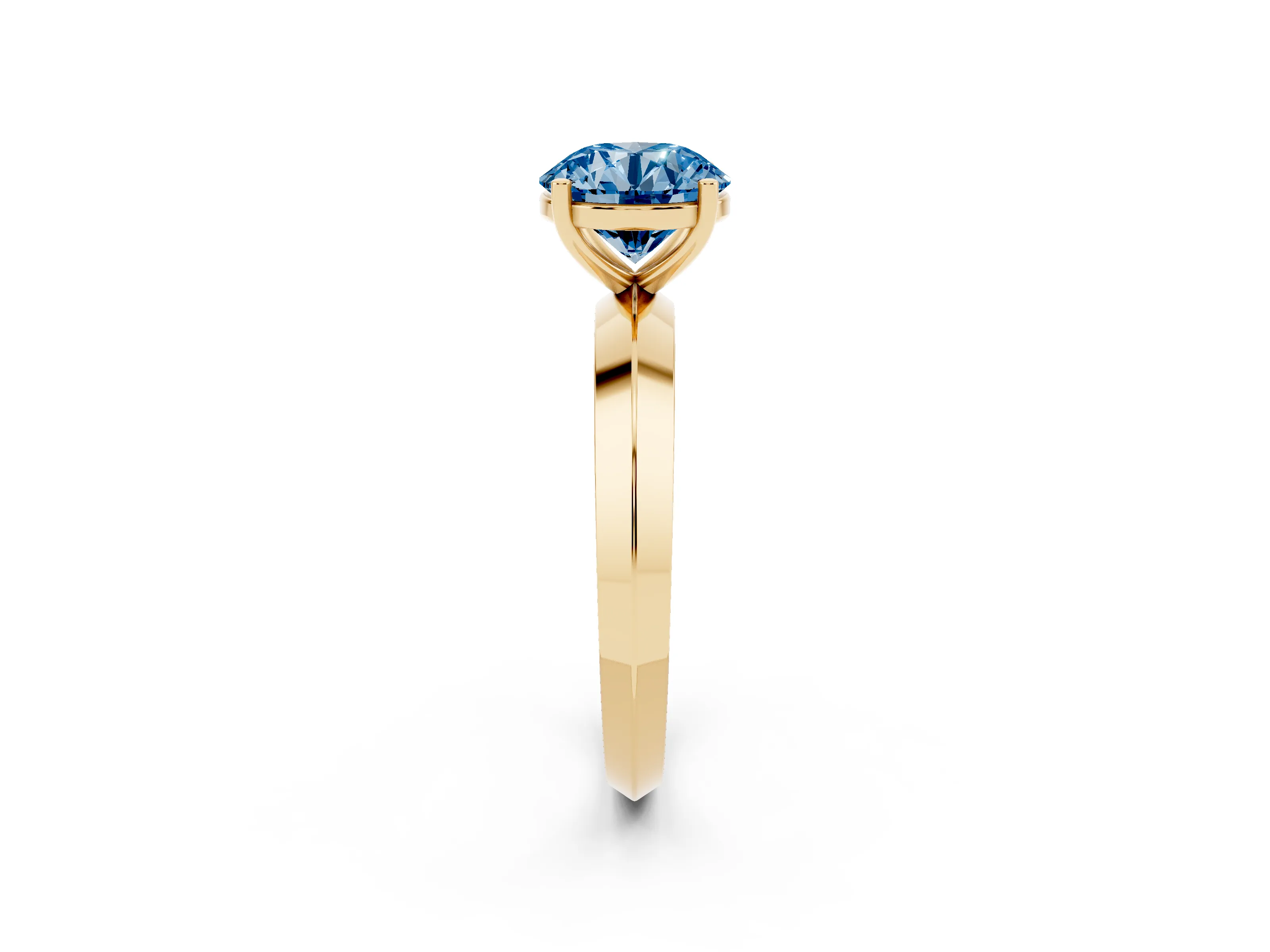Fancy Blue Round Cut Diamond Solitaire Engagement Ring Set in Yellow gold with Flat Band and Prong Setting