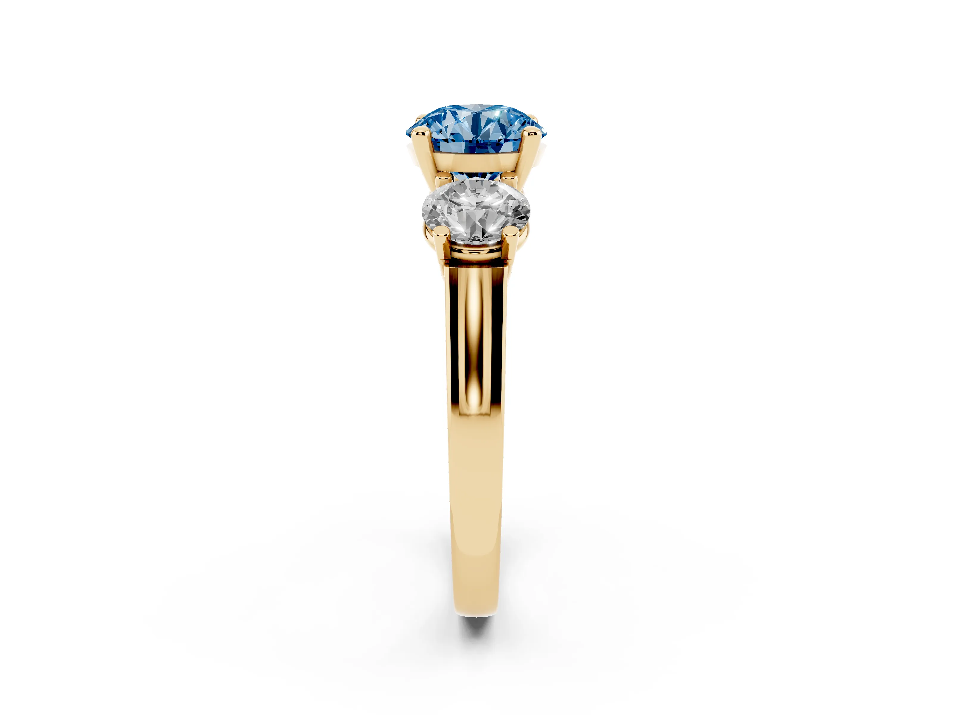 Fancy Blue Round Cut Diamond Three-Stone Trellis Ring Set in Yellow gold with Comfort Fit Band