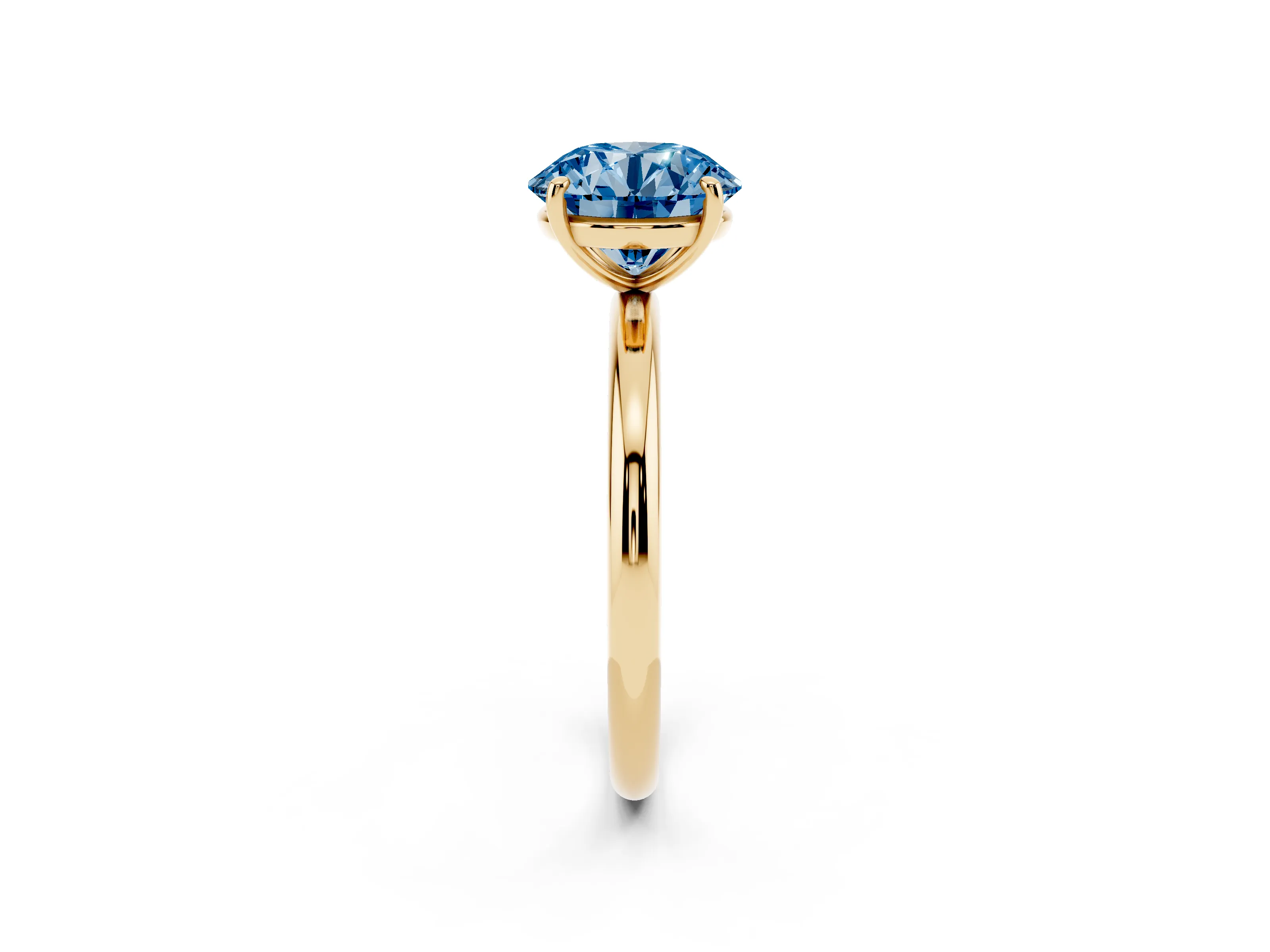 Fancy Blue Round Cut Diamond Solitaire Ring Set in Yellow gold with Prong Setting on a Polished Plain Band