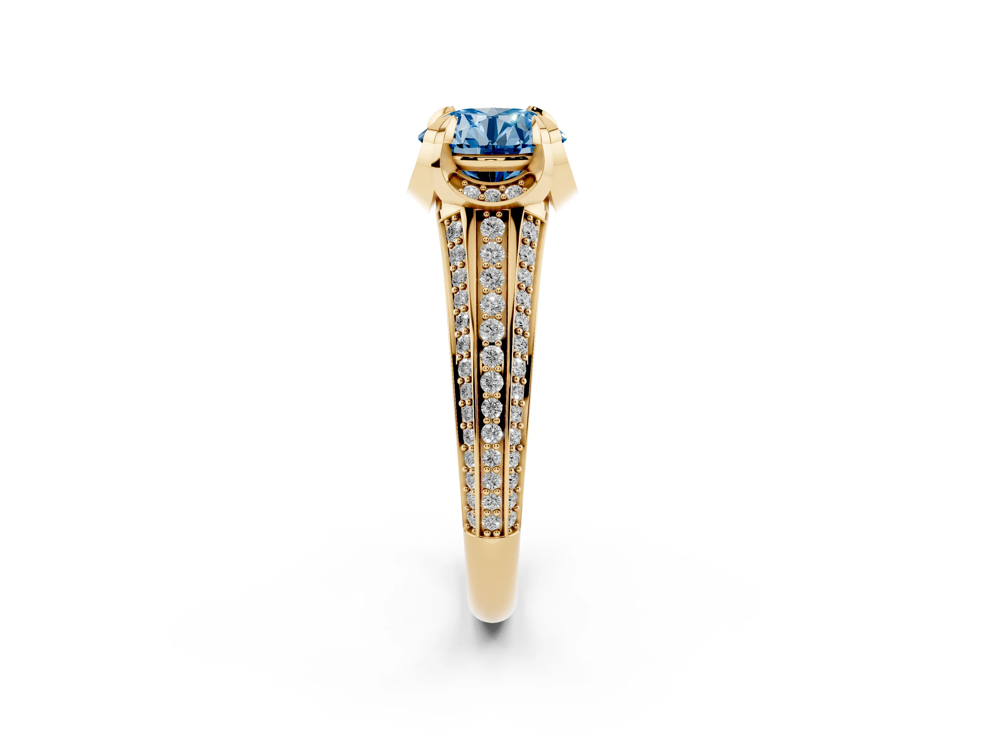 Fancy Blue Round Cut Diamond Pavé Split Shank Solitaire Ring Set in Yellow gold with Prong Setting