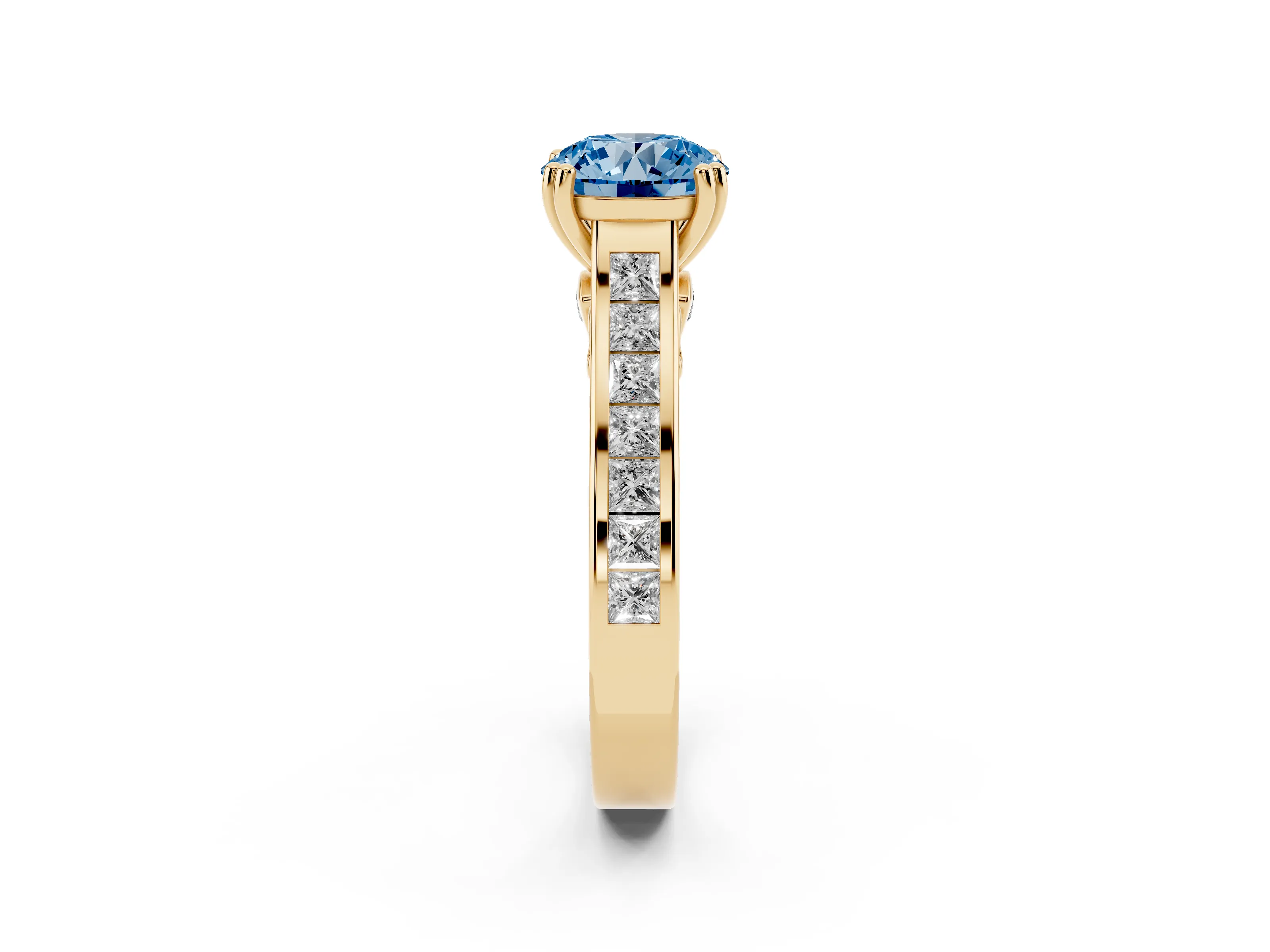 Fancy Blue Round Cut Diamond Channel Set Solitaire Engagement Ring Set in Yellow gold with Prong Setting