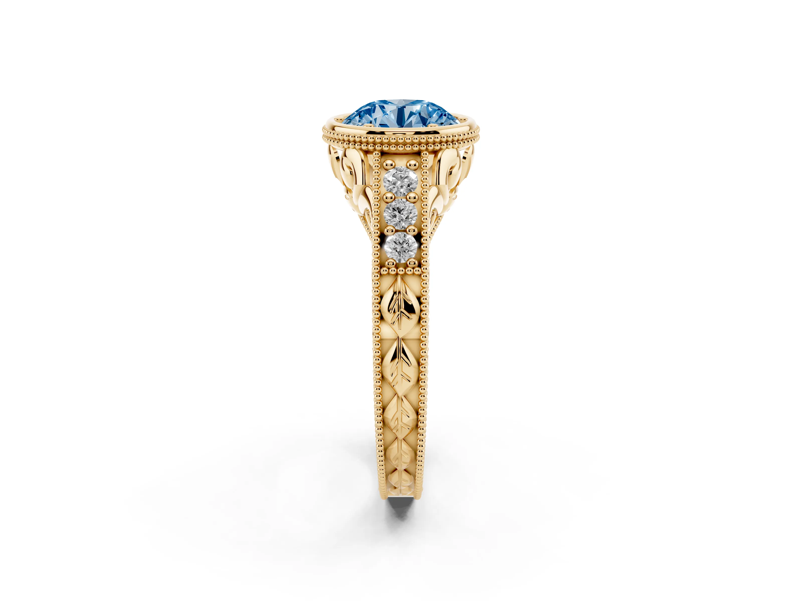 Fancy Blue Bezel Set Round Cut Diamond Milgrain Pavé Engagement Ring Set in Yellow gold