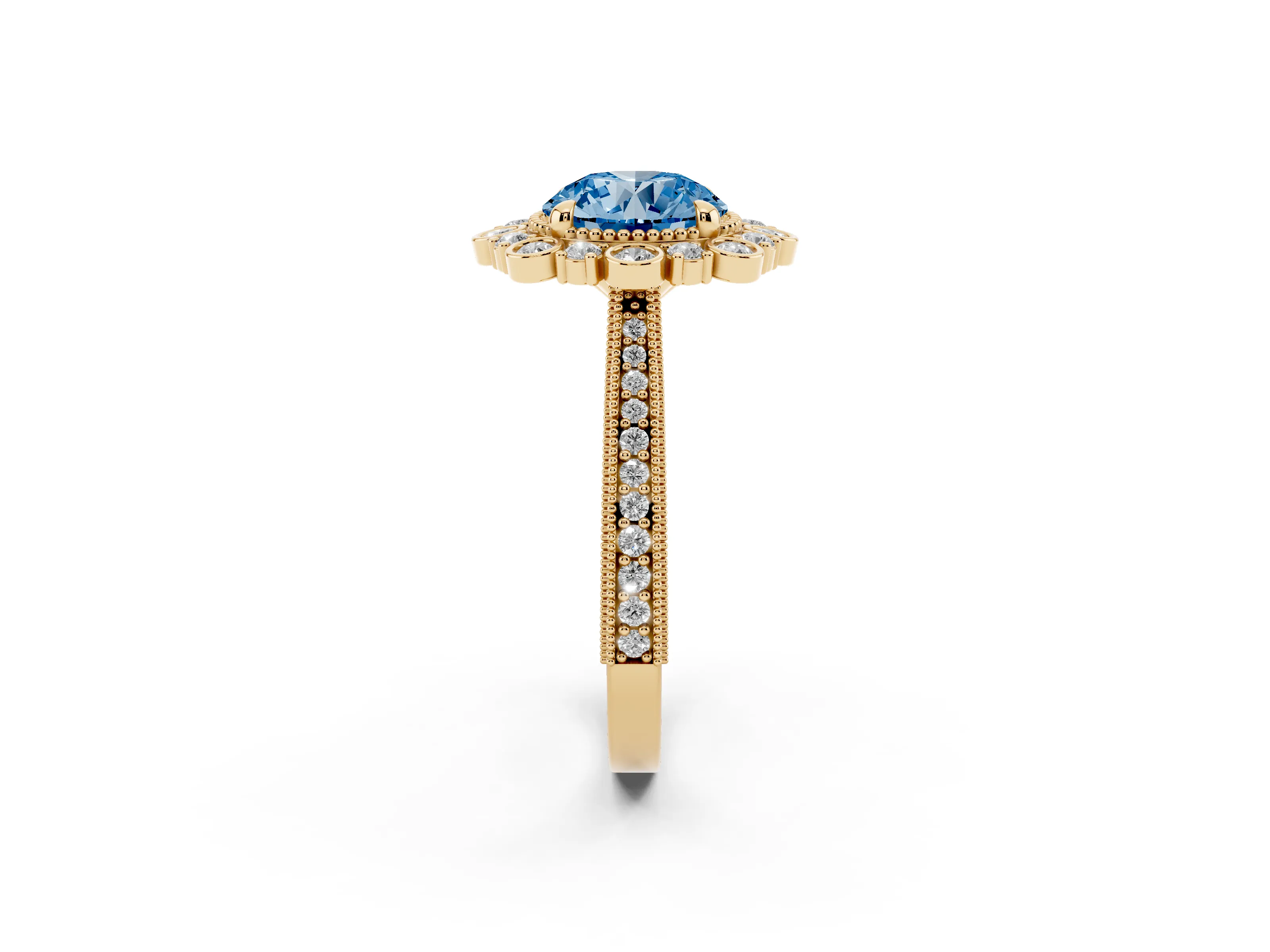 Fancy Blue Round Cut Diamond Halo Milgrain Pavé Ring Set in Yellow gold with Prong Setting