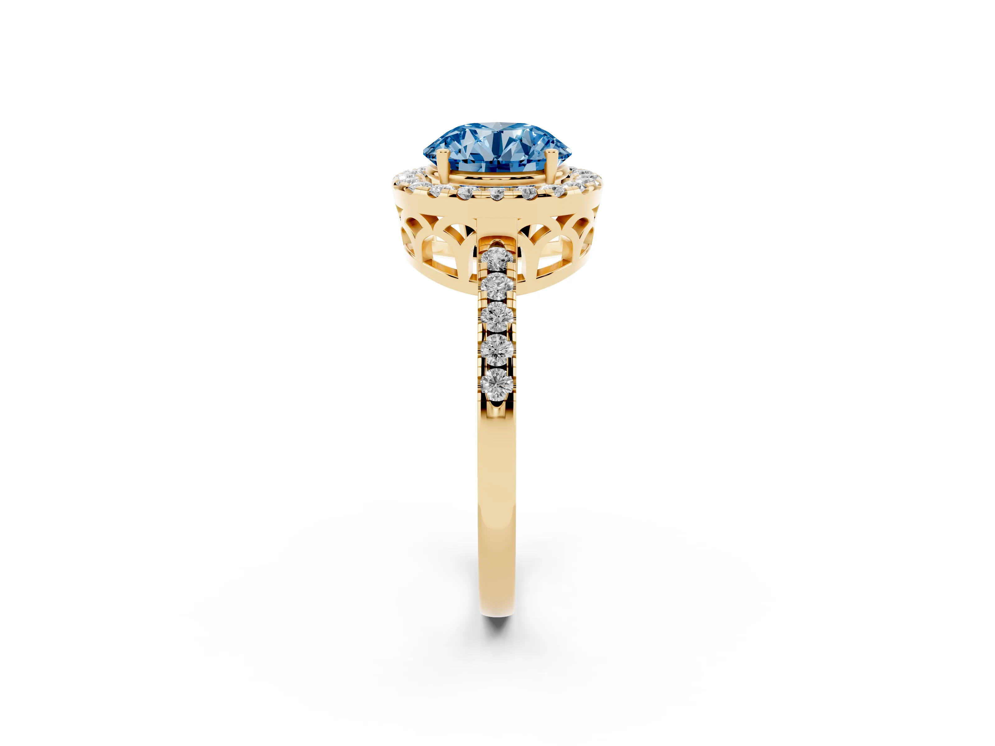 Fancy Blue Round Cut Diamond Pavé Band Halo Engagement Ring Set in Yellow gold with Prong Setting