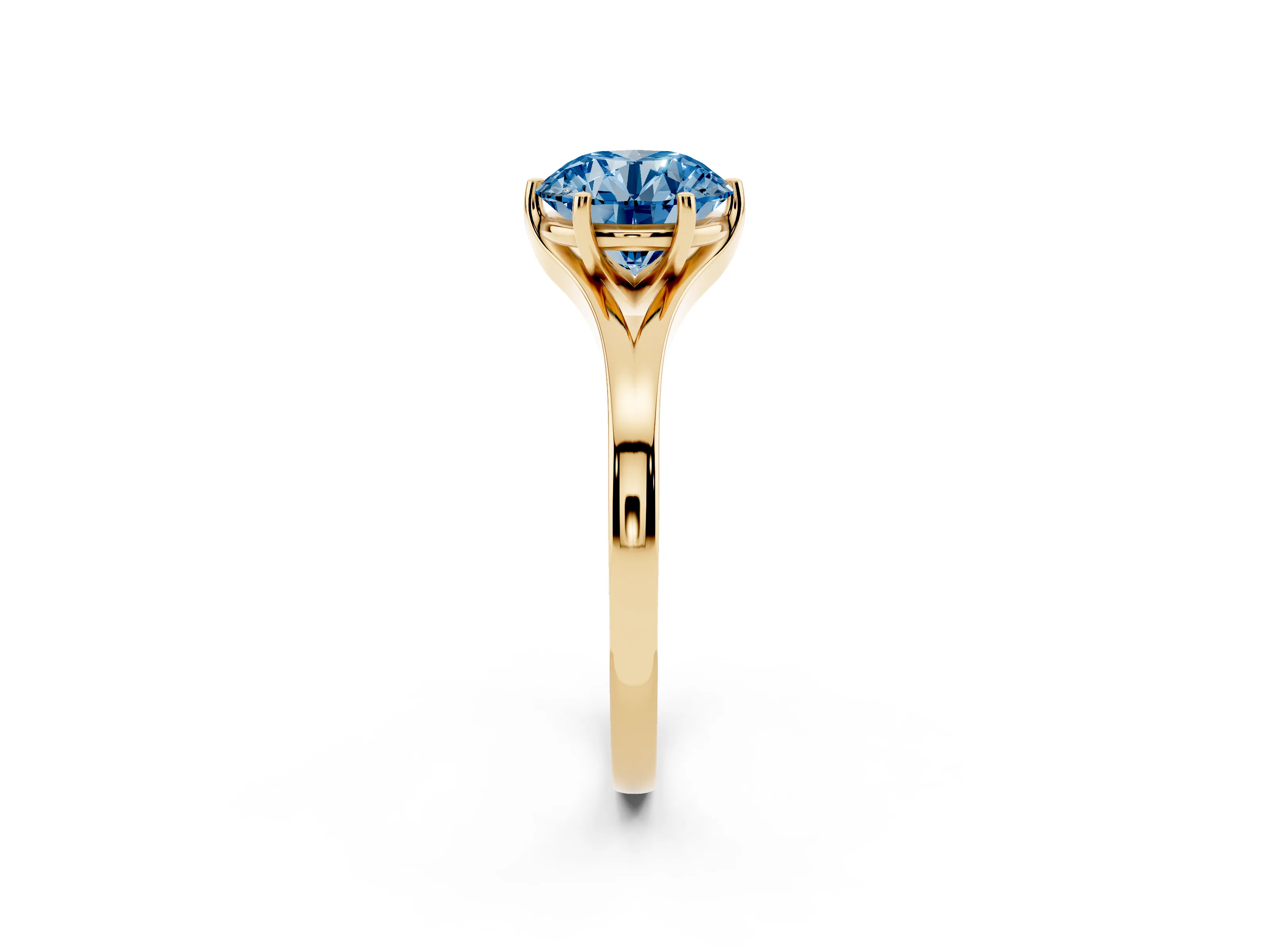 Fancy Blue Round Cut Diamond Solitaire Ring Set in Yellow gold with Polished Tapered Band and Prong Setting