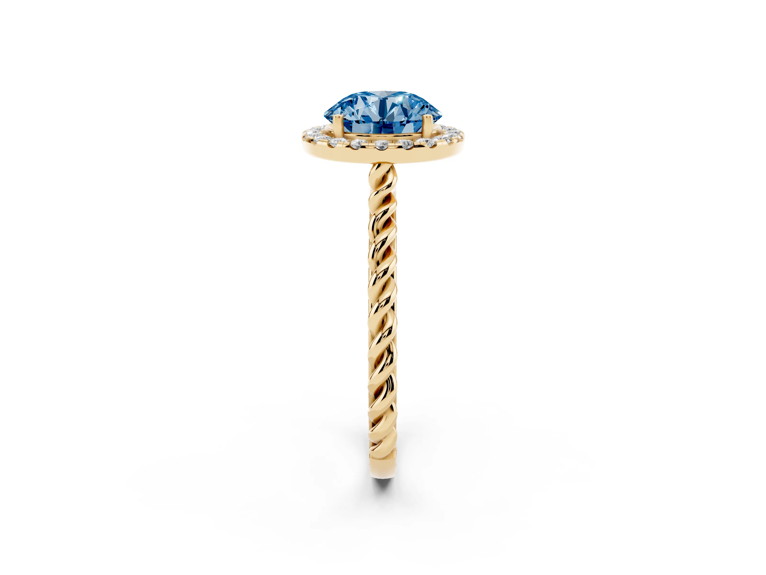 Fancy Blue Round Cut Diamond Halo Ring Set in Yellow gold with Plain Twisted Band