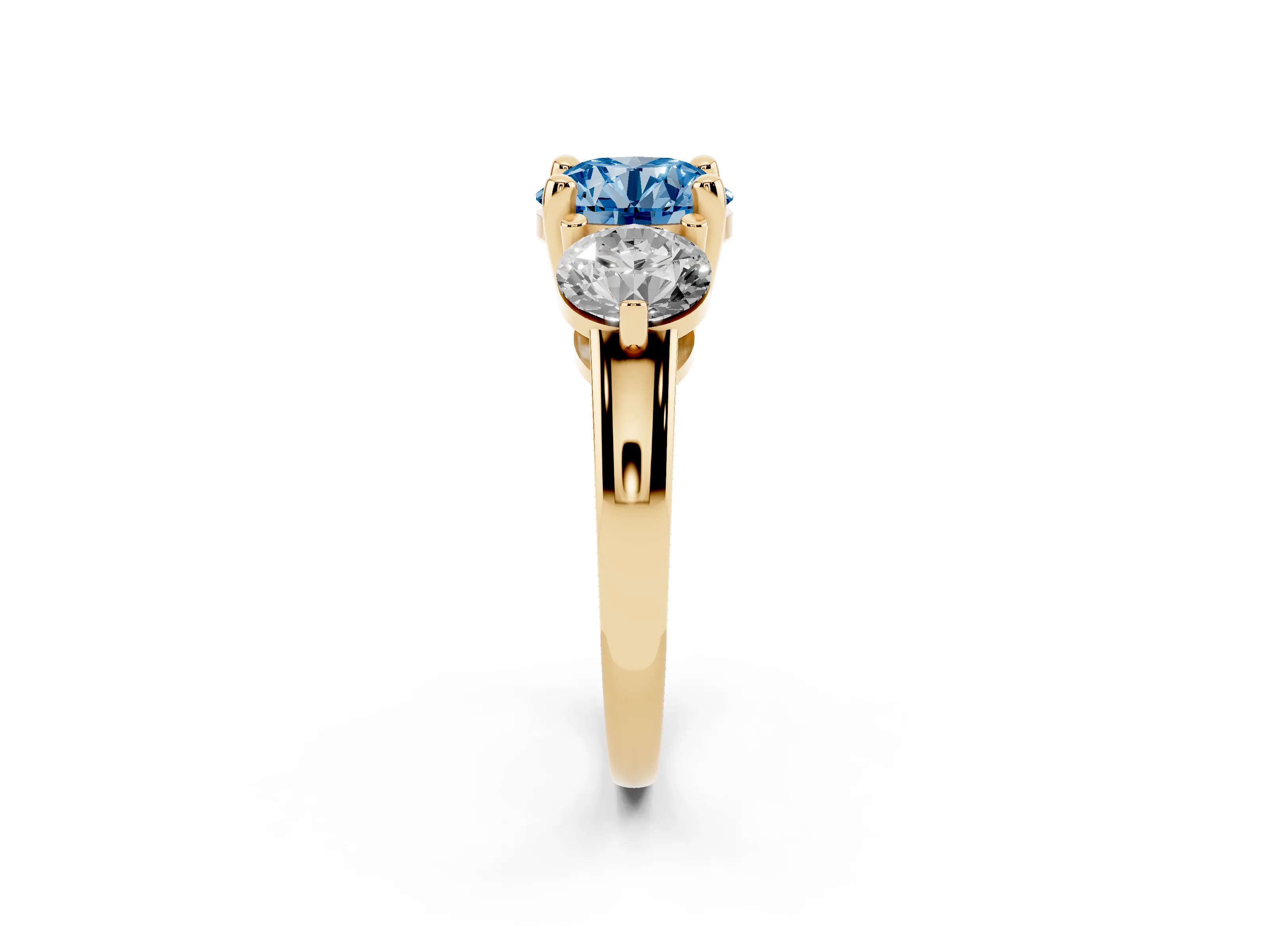 Fancy Blue Round Cut Diamond Three-Stone Ring Set in Yellow gold with Prong Setting and Classic Band