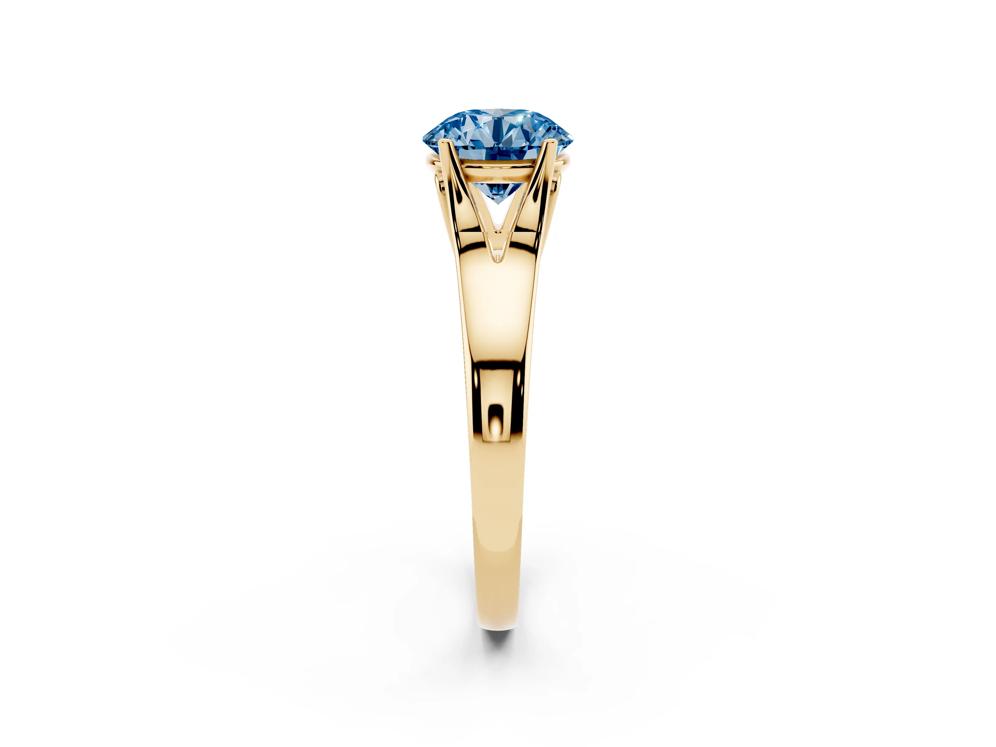 Fancy Blue Round Cut Diamond Solitaire Ring Set in Yellow gold with Arched Cathedral Band and Prong Setting