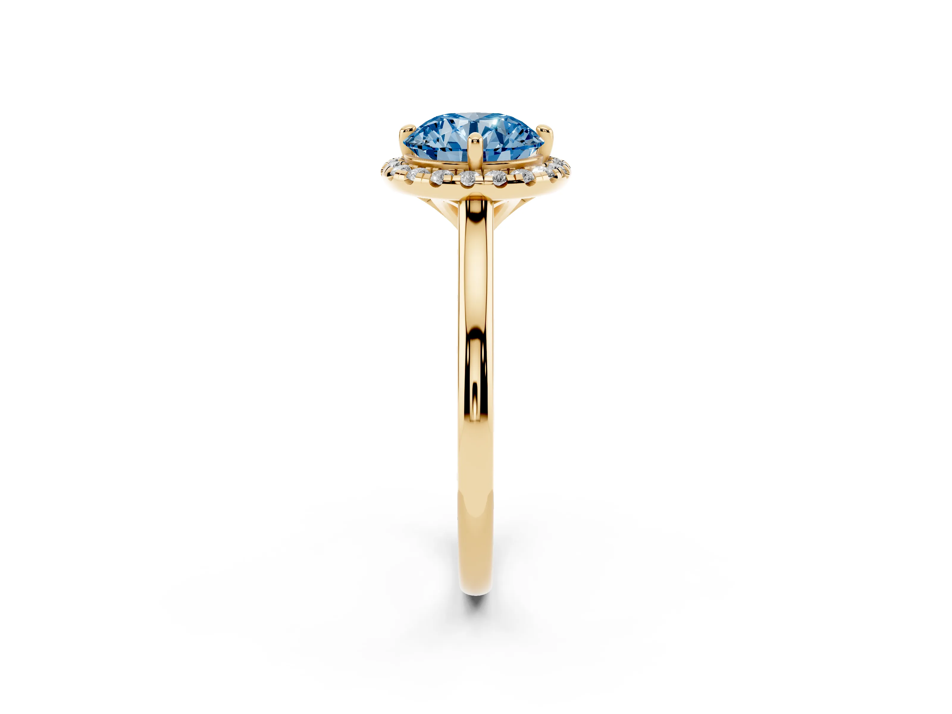 Fancy Blue Round Cut Diamond Halo Engagement Ring Set in Yellow gold with Pavé Band and Rising Shoulders