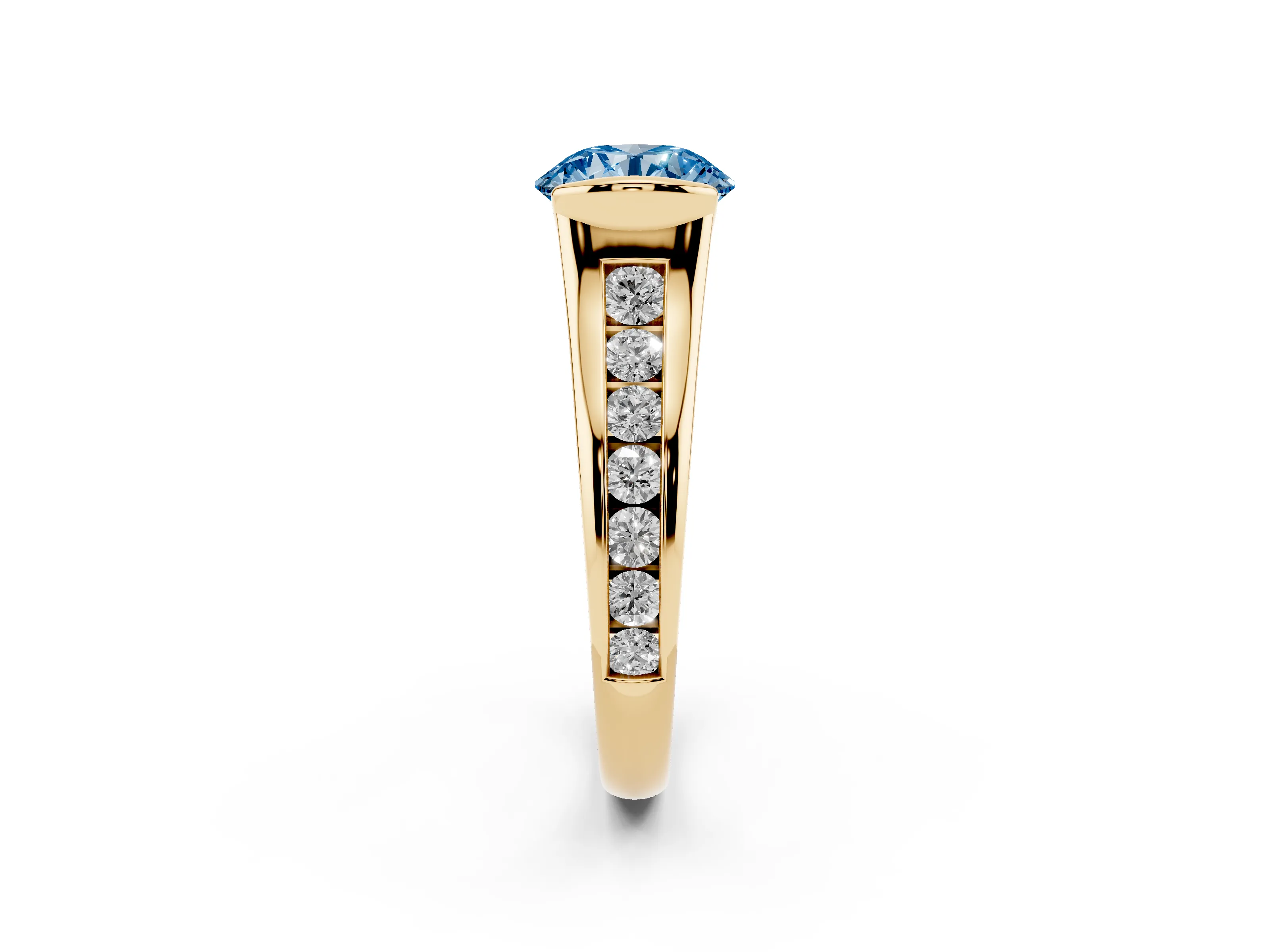 Fancy Blue Round Cut Diamond Bezel-Set Solitaire Ring Set in Yellow gold with Channel-Set Band