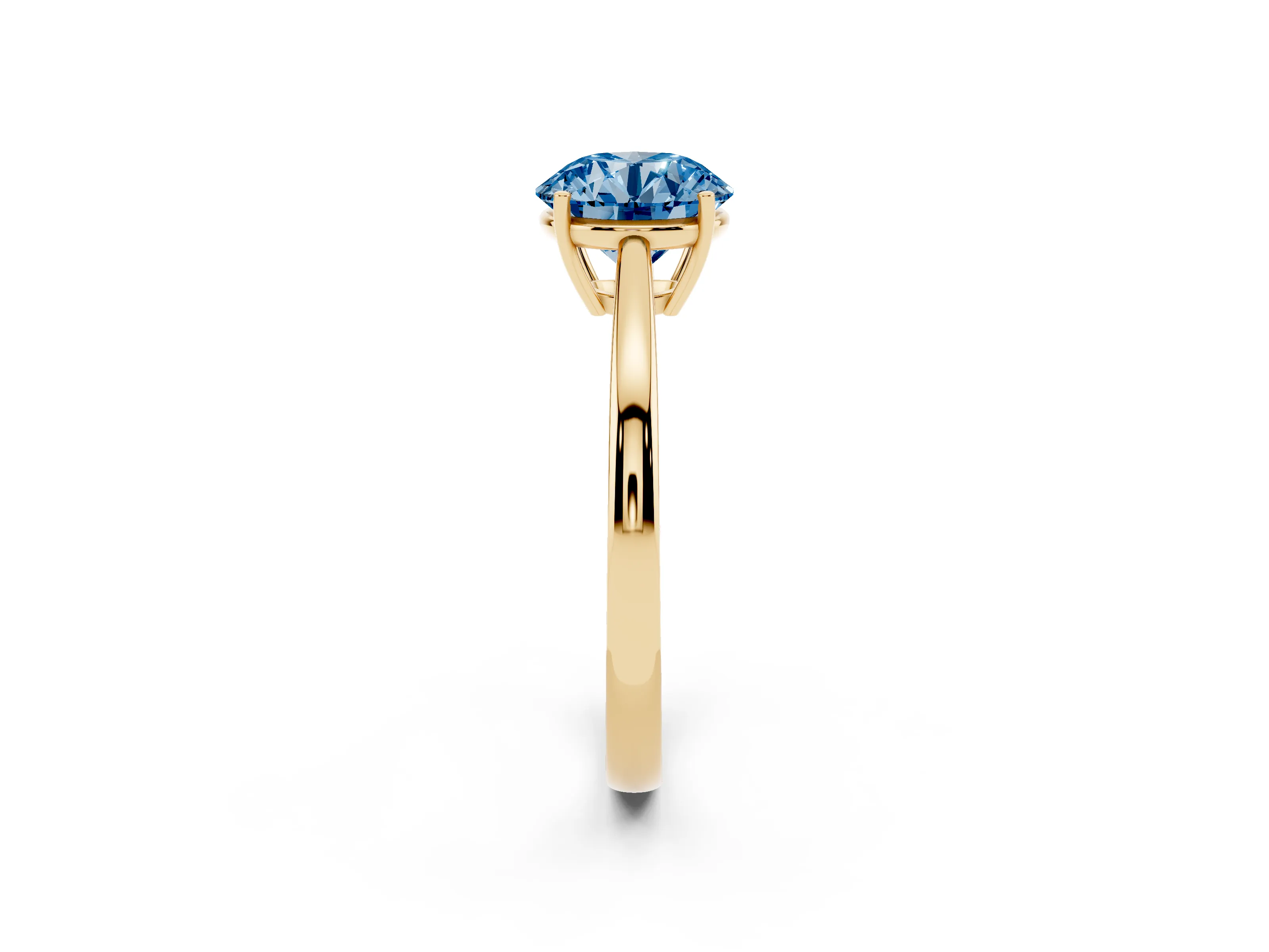 Fancy Blue Round Cut Diamond Solitaire Ring Set in Yellow gold with Split Shank and Prong Setting